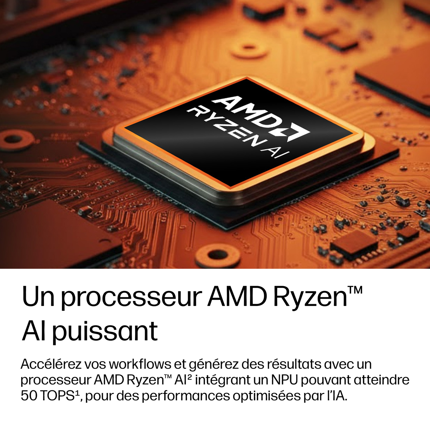 Processeur AMD Ryzen AI sur une carte de circuit. Gros plan.