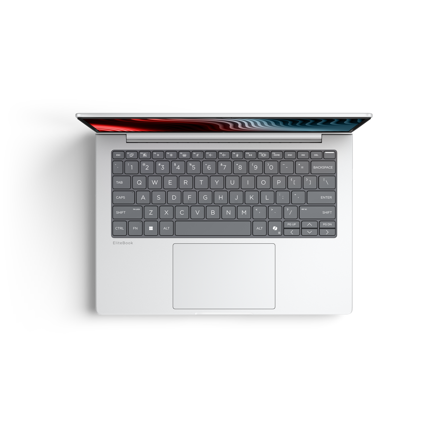 Bovenaanzicht van een zilveren HP EliteBook laptop, open met scherm met abstract rood en blauw design.
