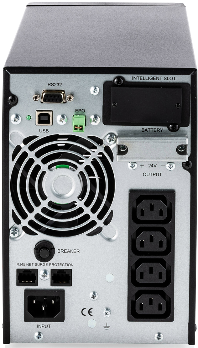 Rückseite einer USV mit Anschlüssen: RS232, USB, EPO, intelligenter Steckplatz, Batterie, Lüfter, Schutzschalter, RJ45, Ein- und Ausgangsbuchsen.