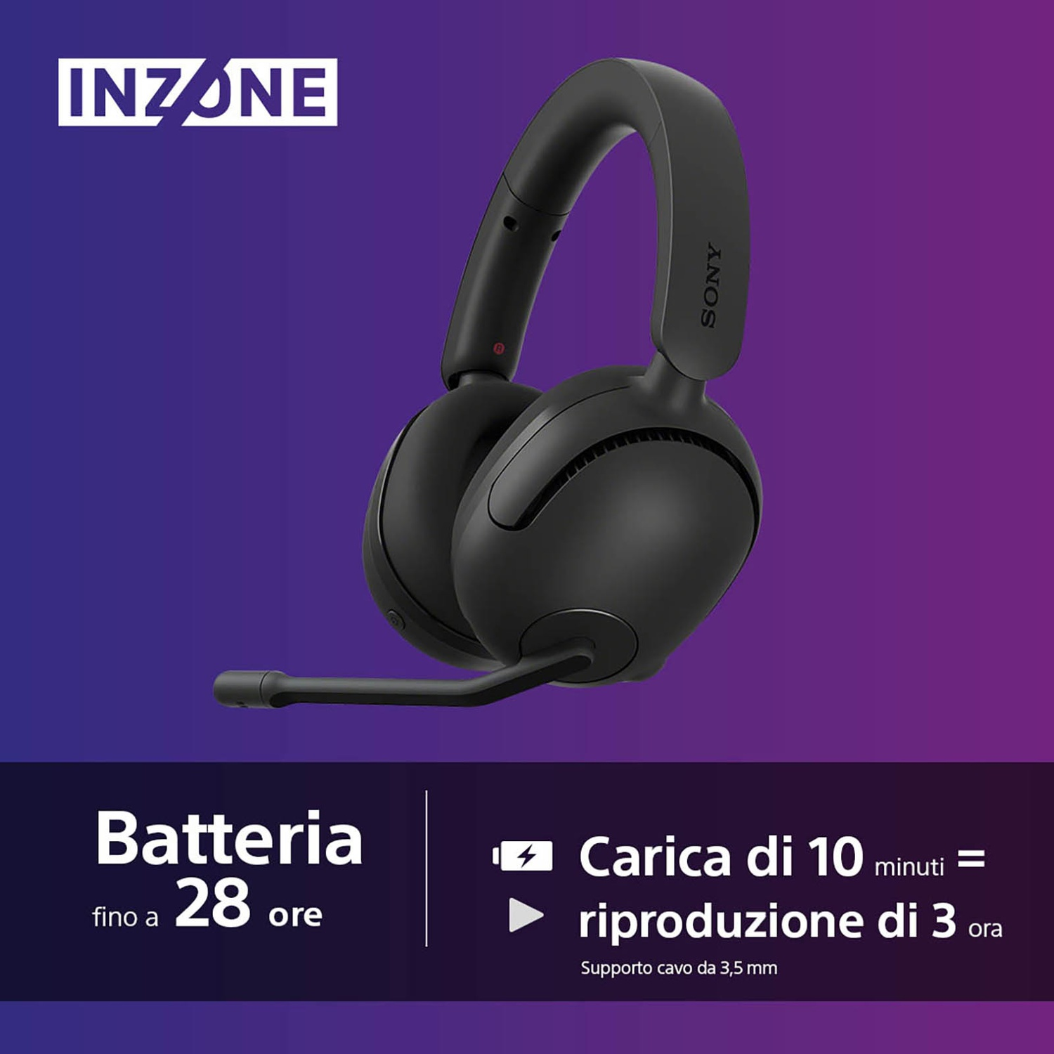 Cuffie Sony Inzone nere con microfono, 28 ore batteria, 10 min carica per 3 ore audio.