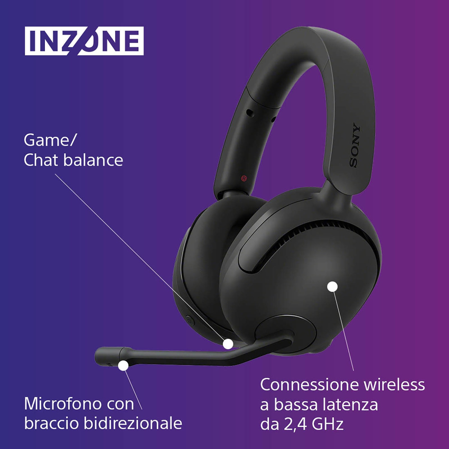 Cuffie Sony Inzone nere con microfono e testo su bilanciamento gioco/chat.