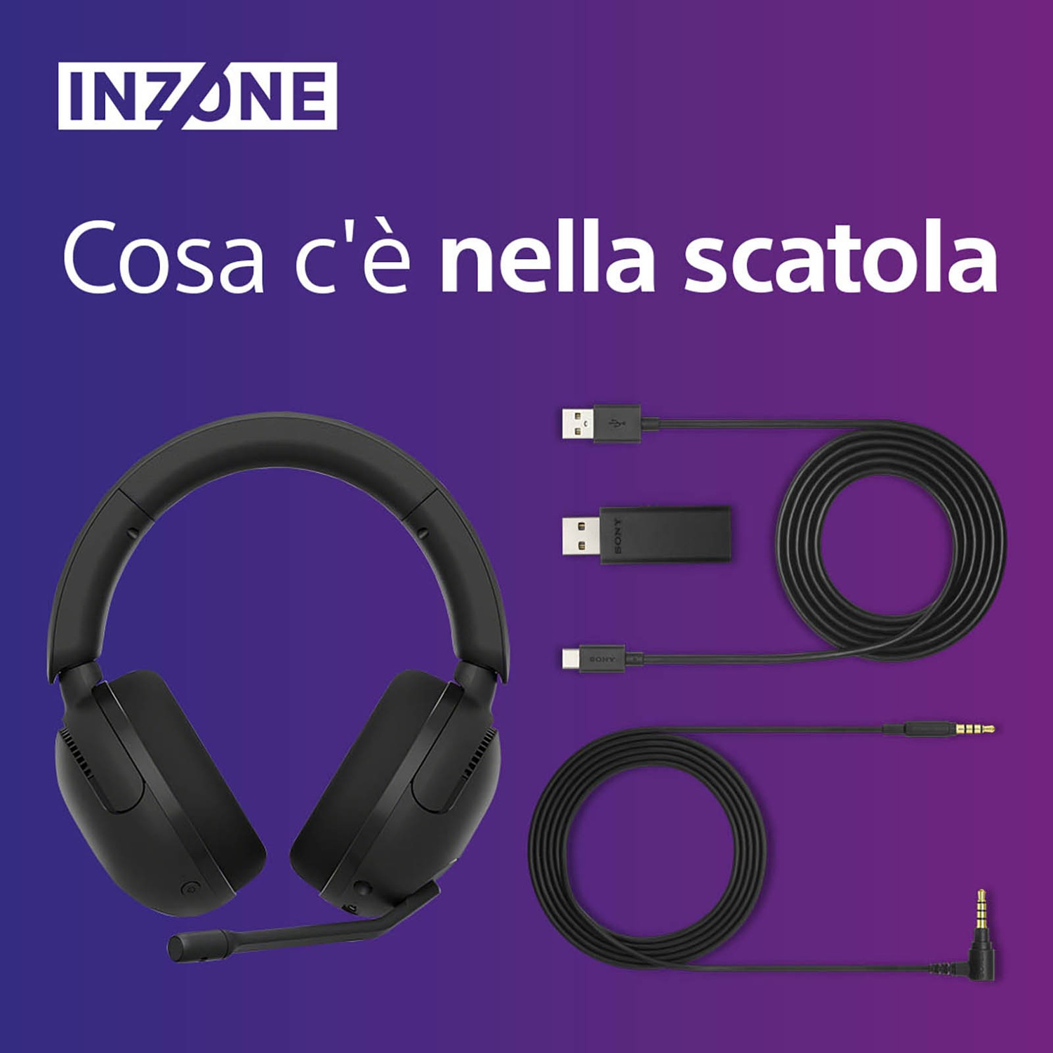 Cuffie nere con microfono, dongle USB, cavo USB-C e cavo audio.