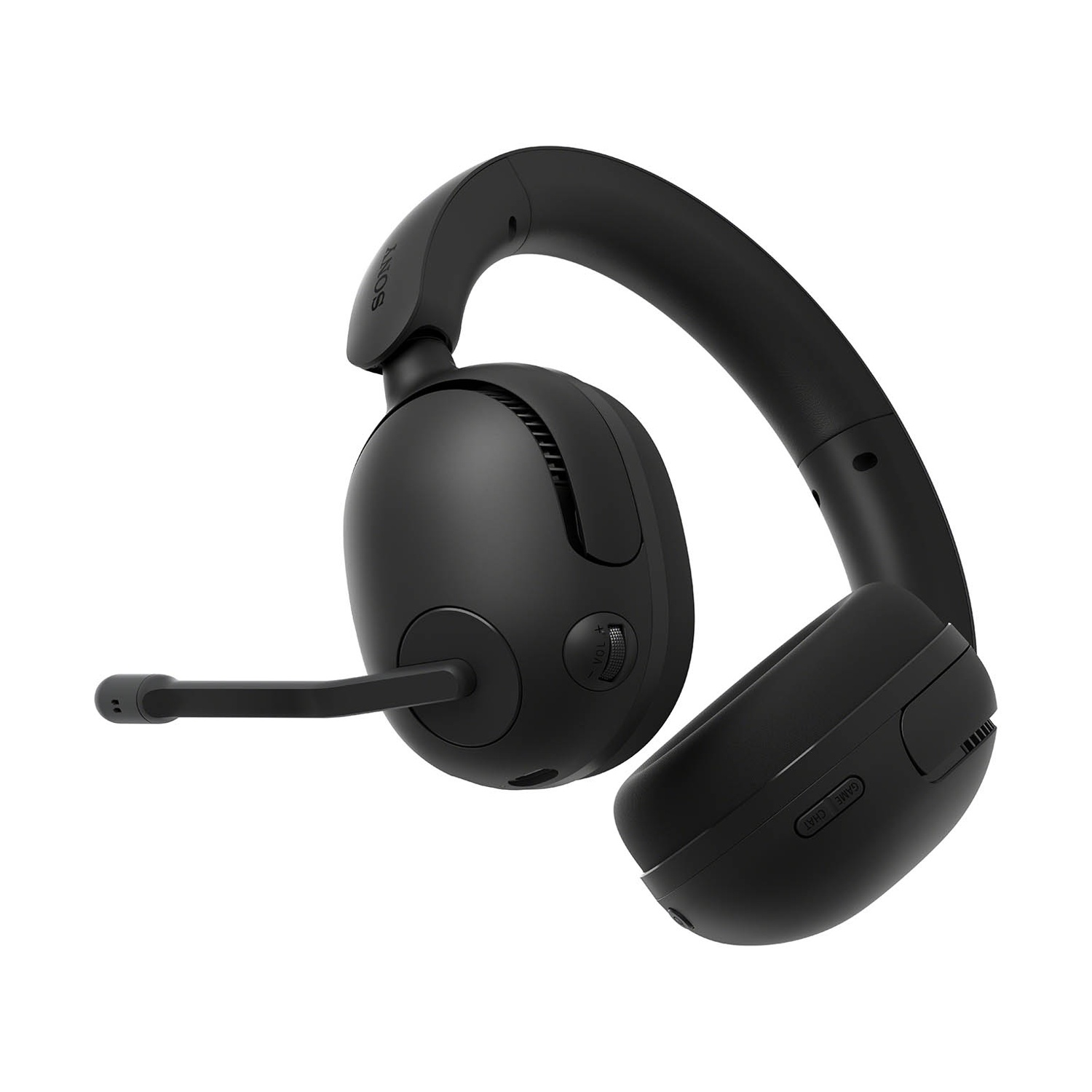 Cuffie nere con microfono e controlli del volume su sfondo bianco.