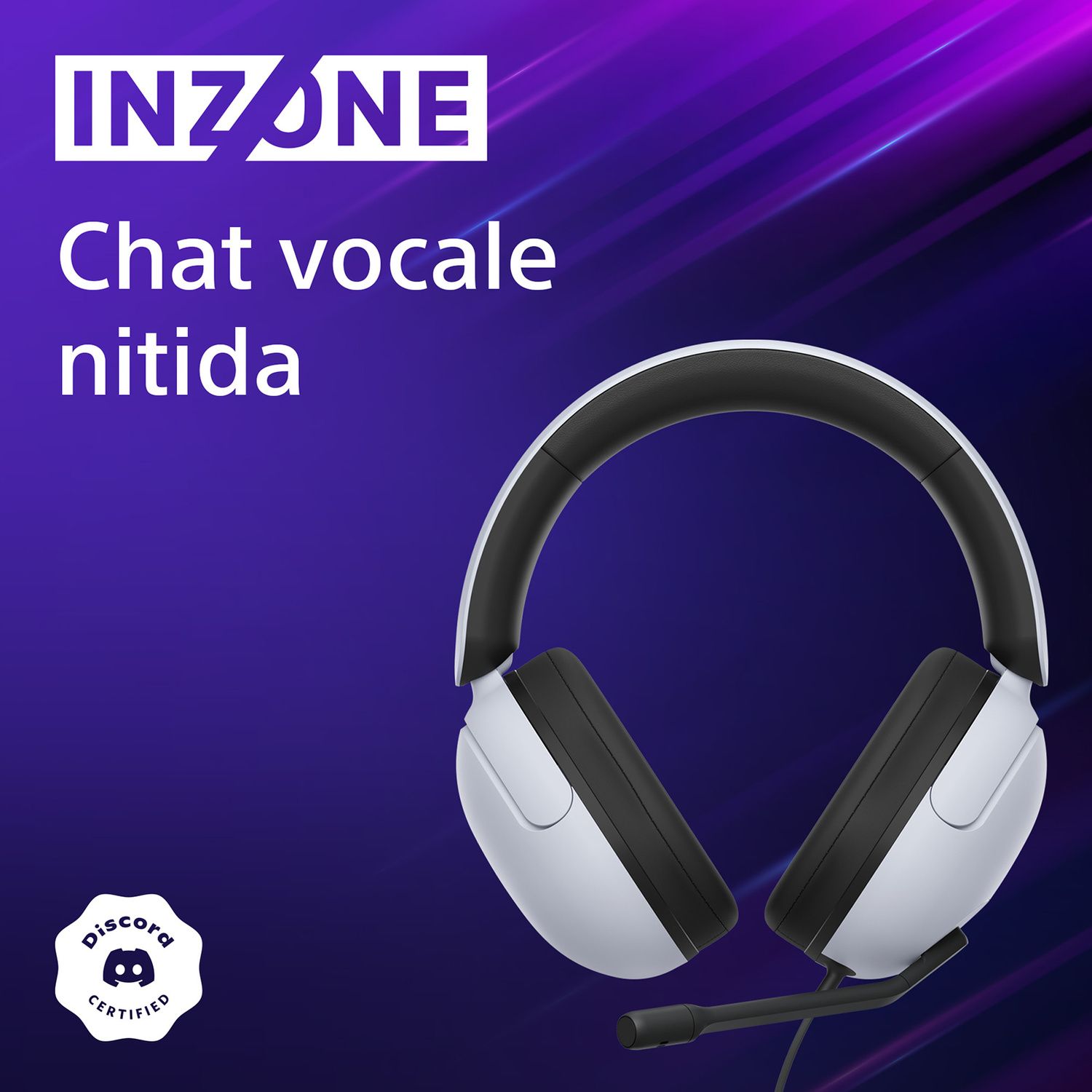 Cuffie bianche con microfono, certificate Discord, su sfondo viola.