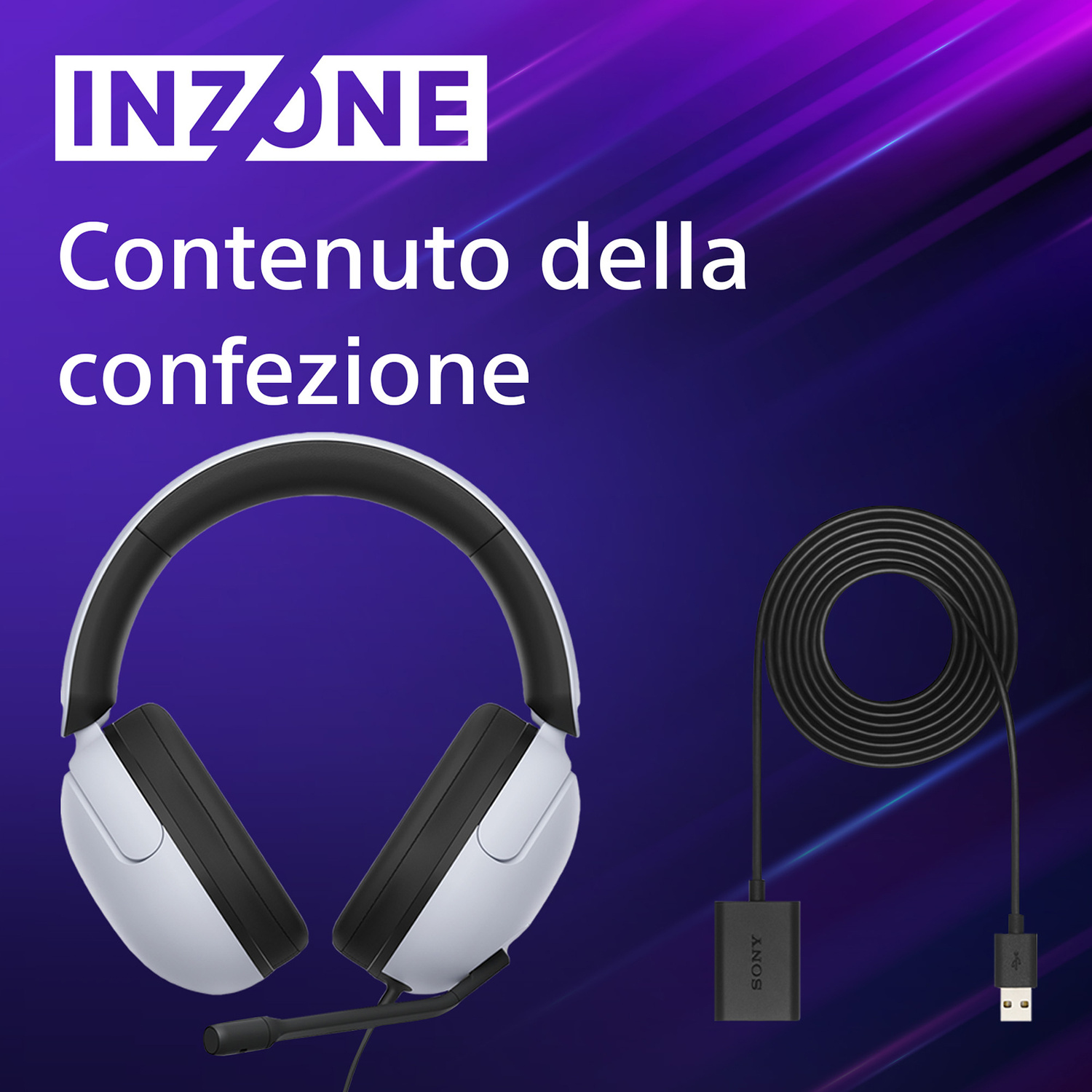 Cuffie bianche con microfono e cavo USB su sfondo blu.