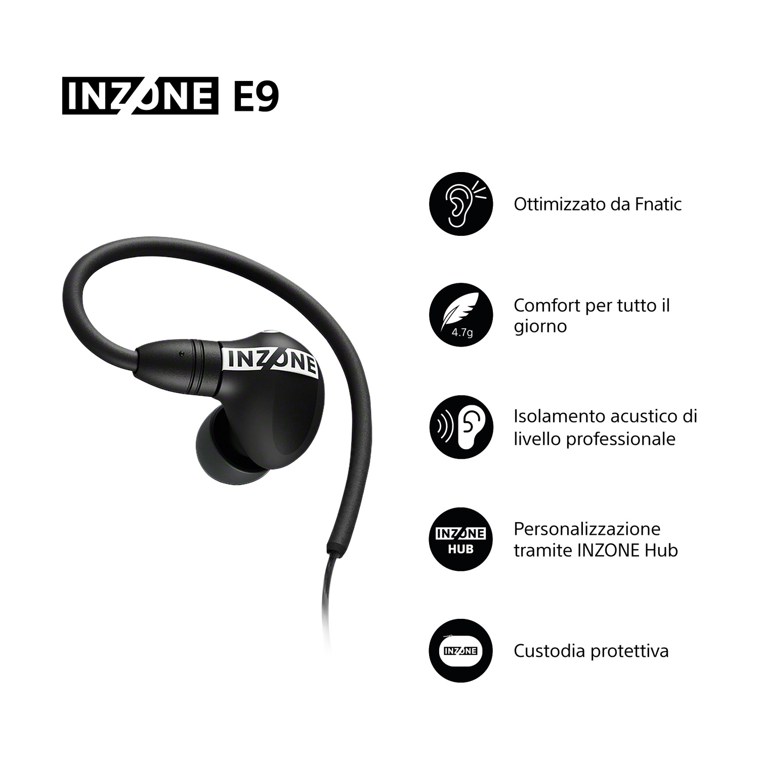 Auricolare nero con cavo, logo e caratteristiche del prodotto.
