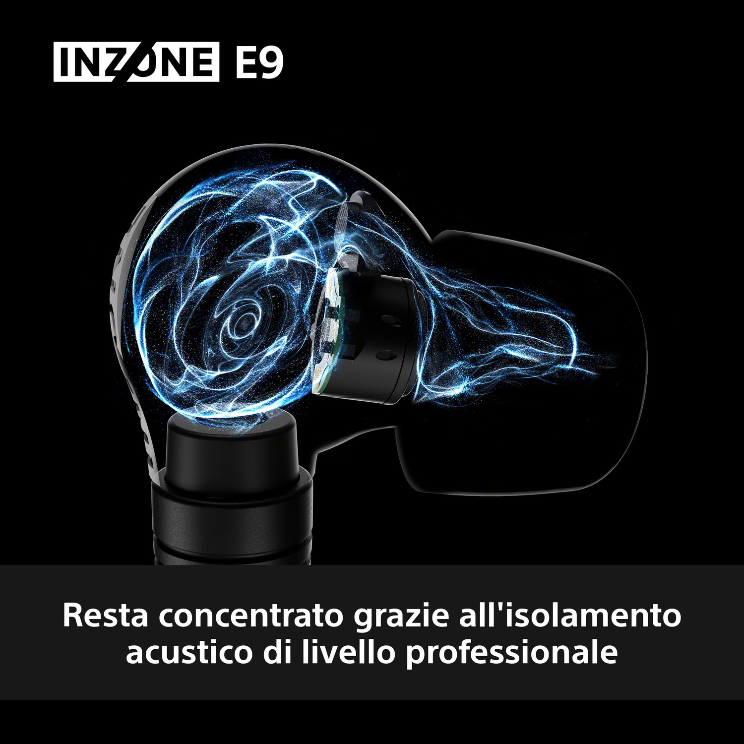 Auricolari Inzone E9 con onde di energia blu all'interno, neri.