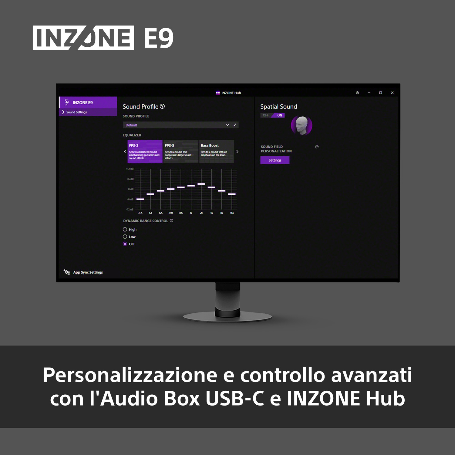 Software INZONE E9 con impostazioni di equalizzatore e suono spaziale su un monitor.