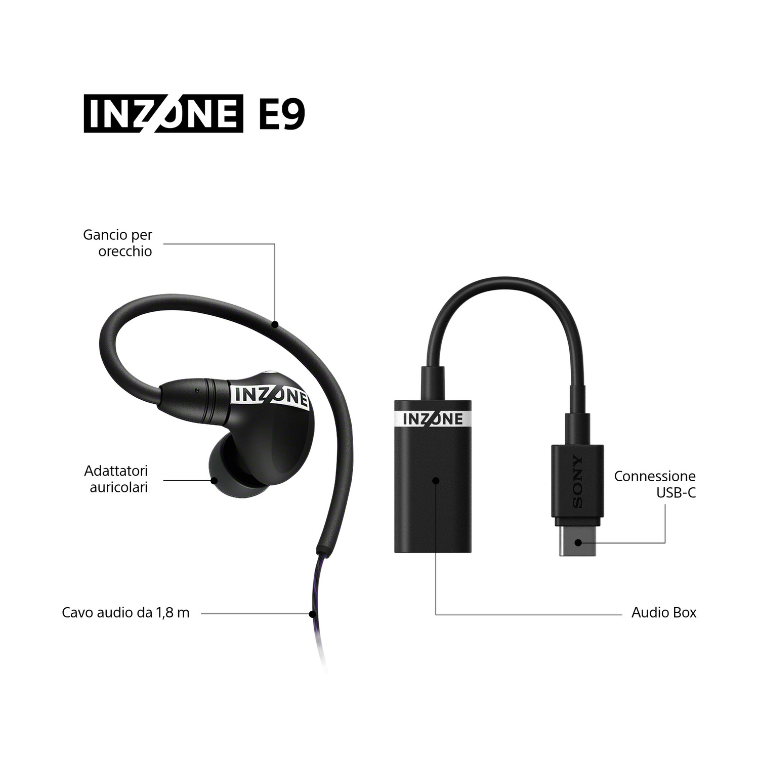 Cuffie Sony Inzone E9 con gancio per orecchio, audio box e connessione USB-C.