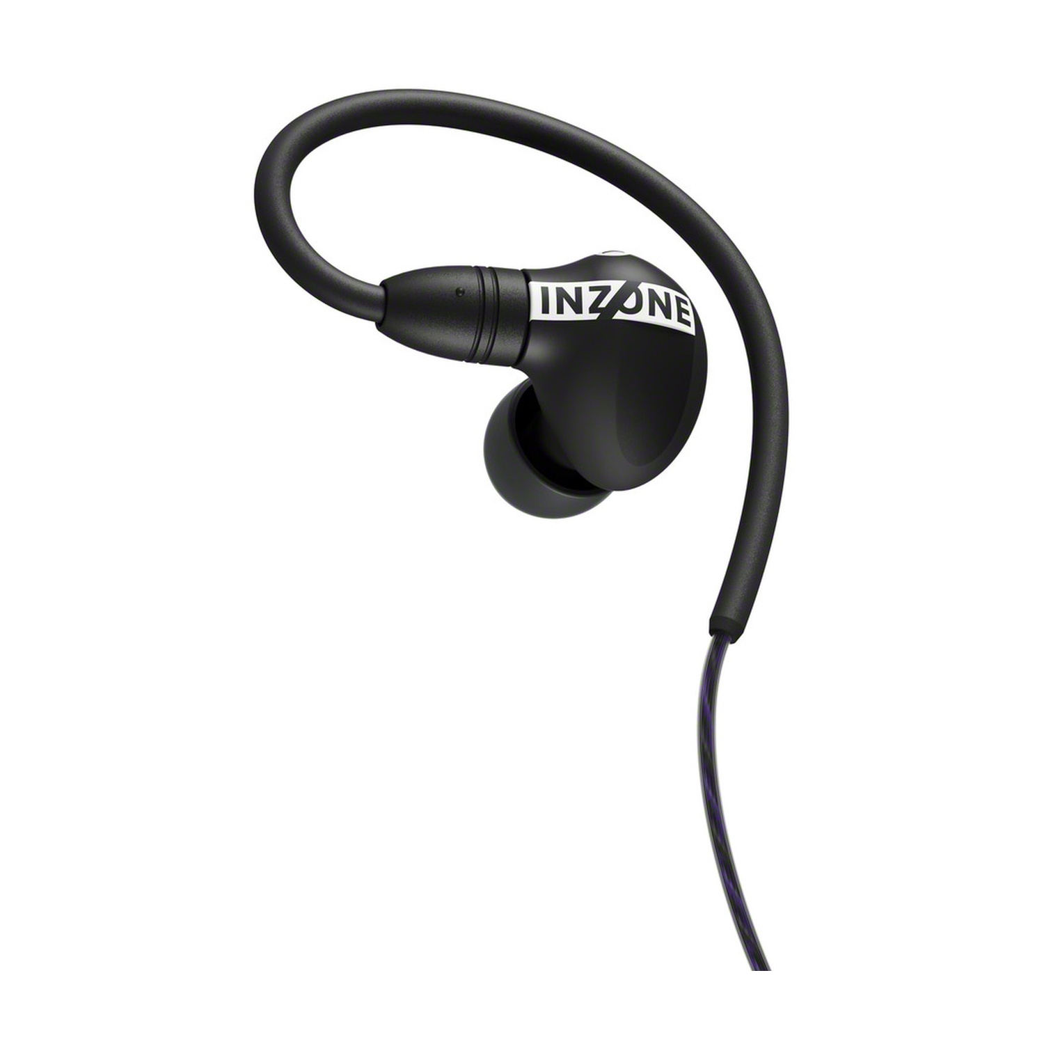 Auricolare nero con logo bianco e gancio auricolare flessibile.
