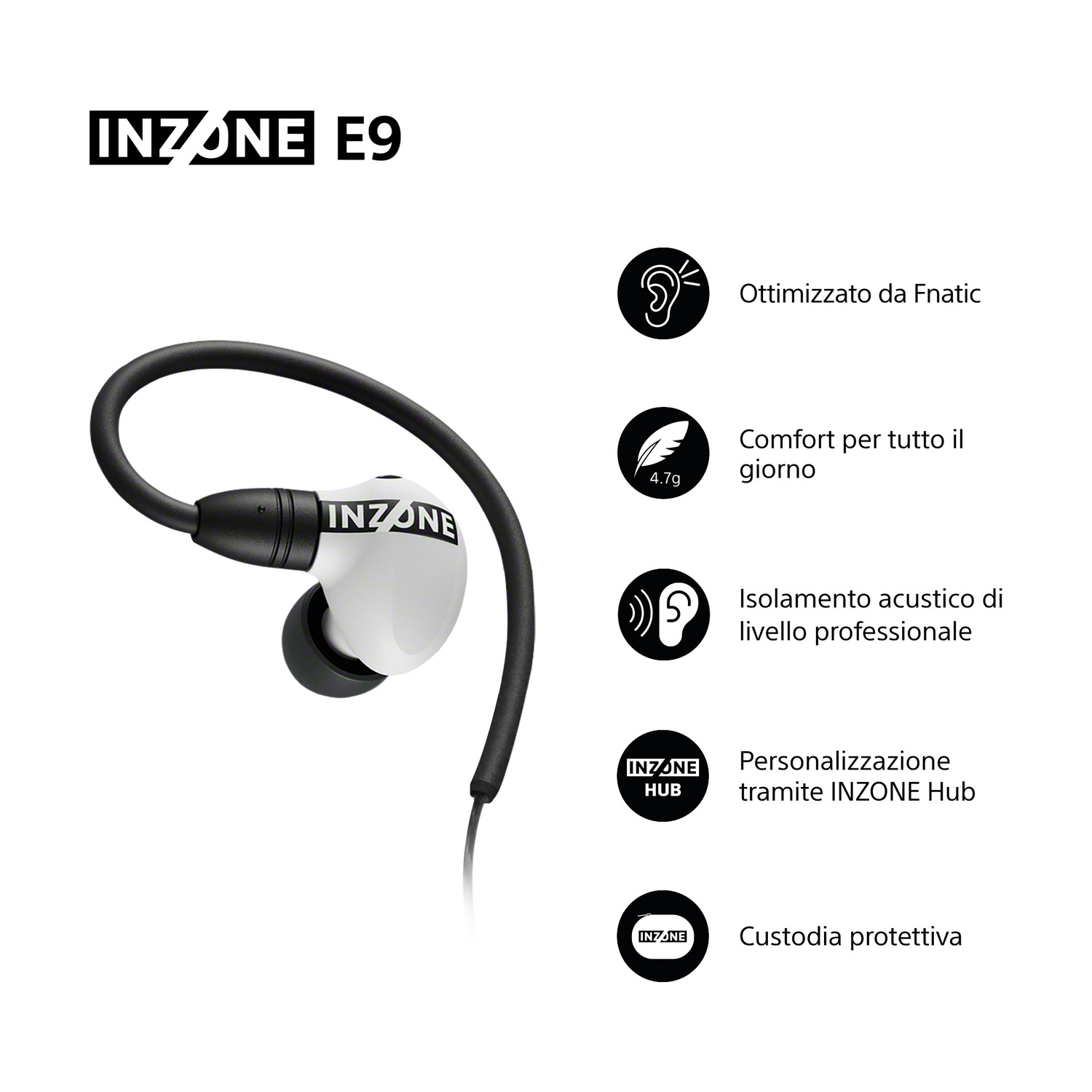 Auricolare in-ear bianco con fascia nera, accanto alle funzionalità.