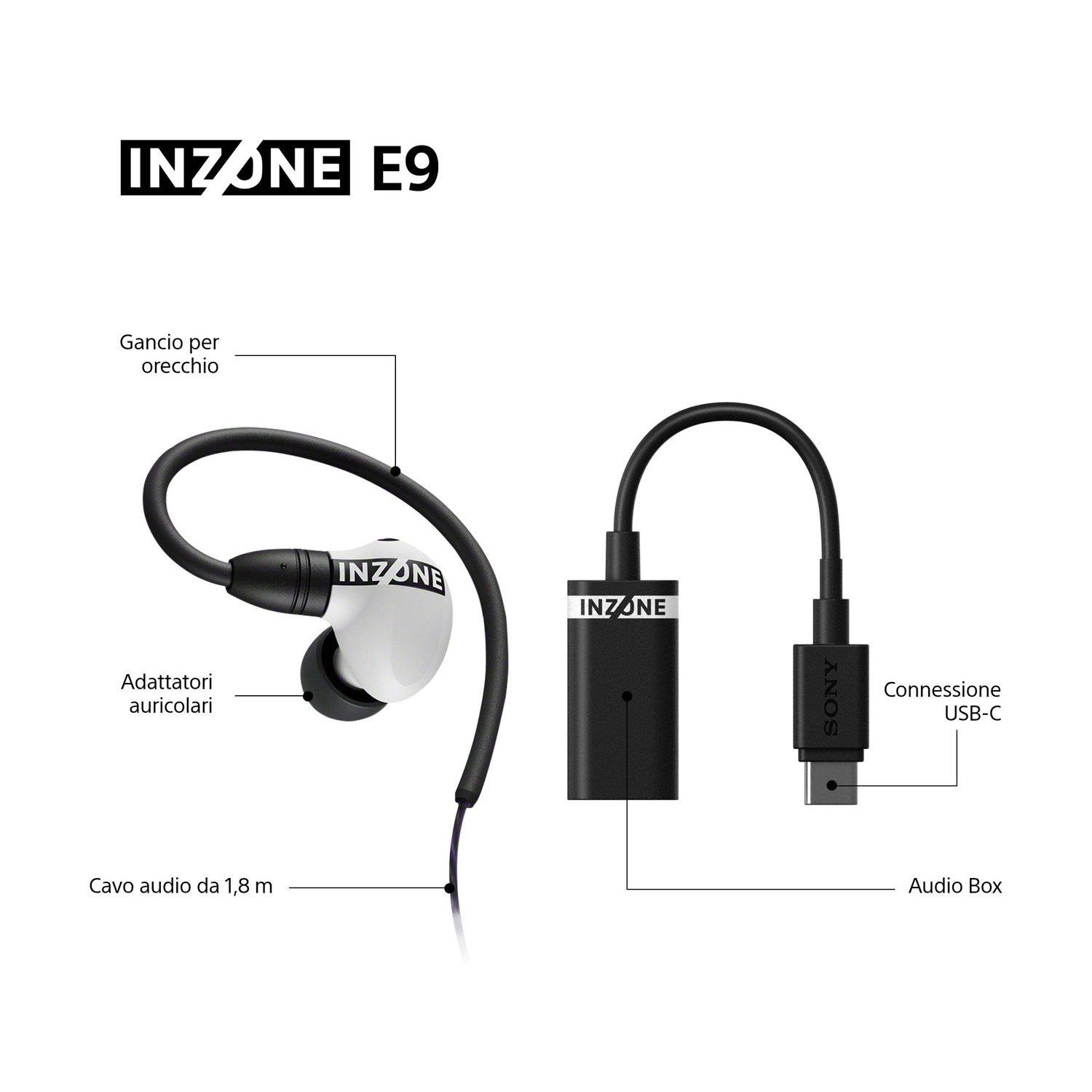 Auricolari Inzone E9 con gancio, connessione USB-C e audio box.