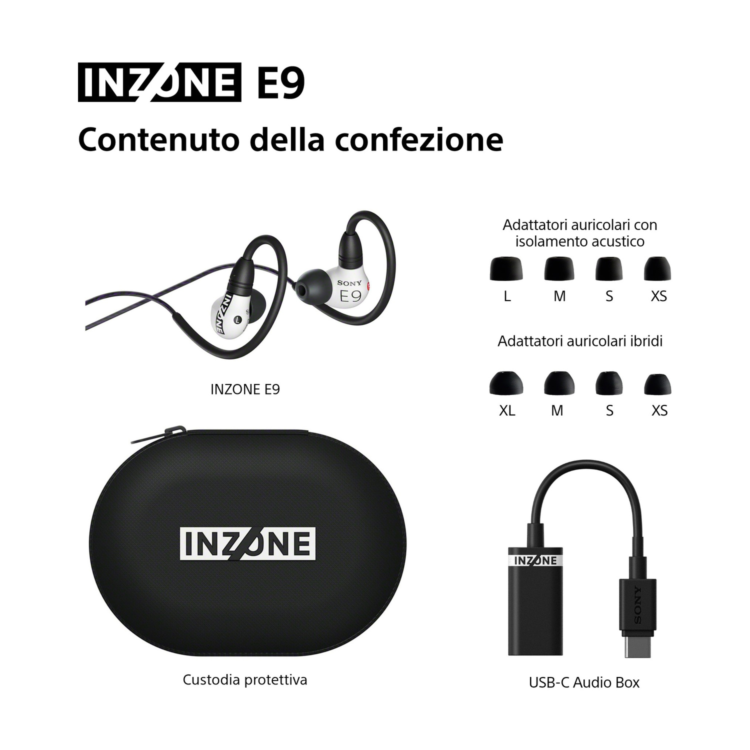 Auricolari Sony Inzone E9, accessori: gommini, custodia e cavo.