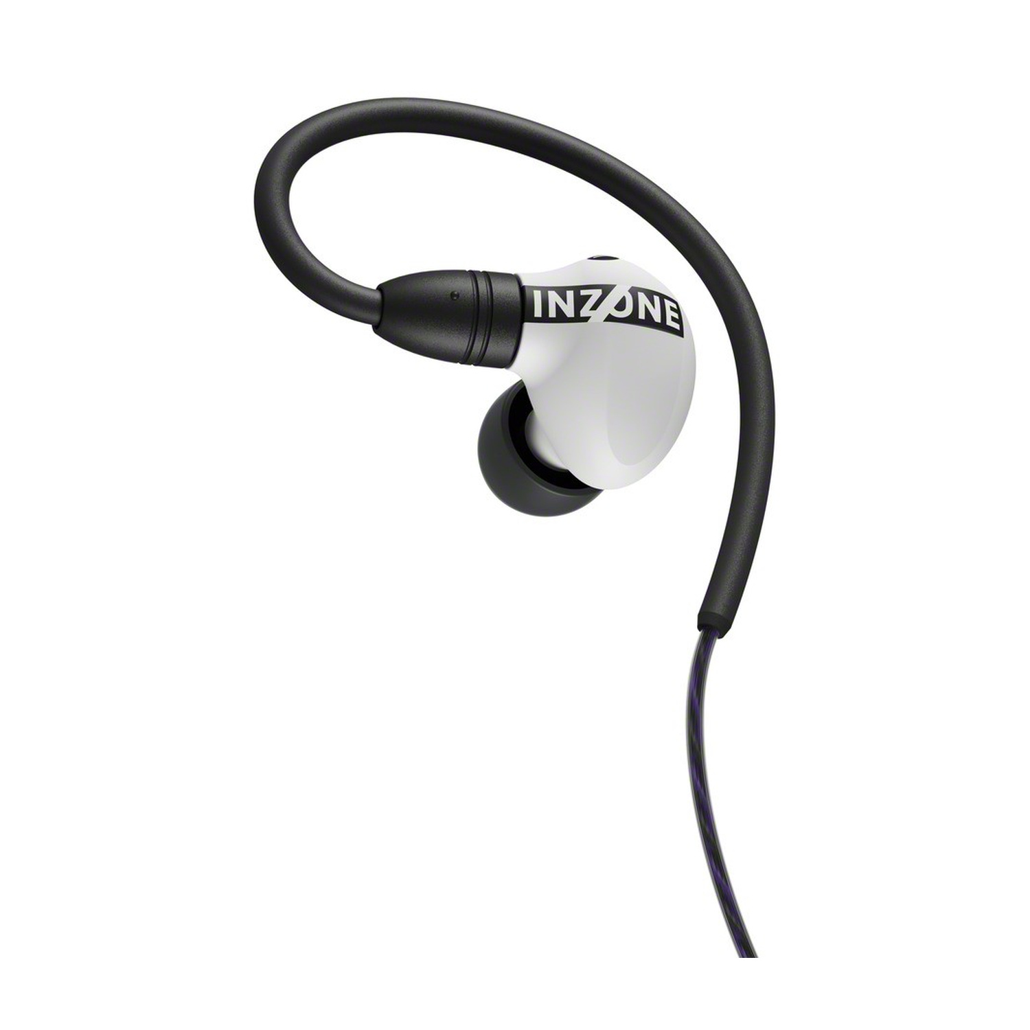 Un auricolare in-ear bianco con gancio nero e cavo.