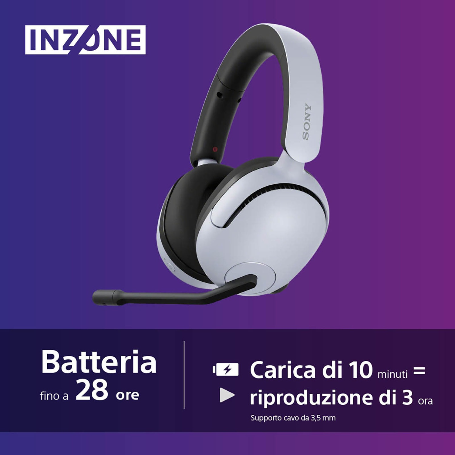Cuffie Sony Inzone con microfono, 28 ore batteria, 10 min carica per 3 ore riproduzione.