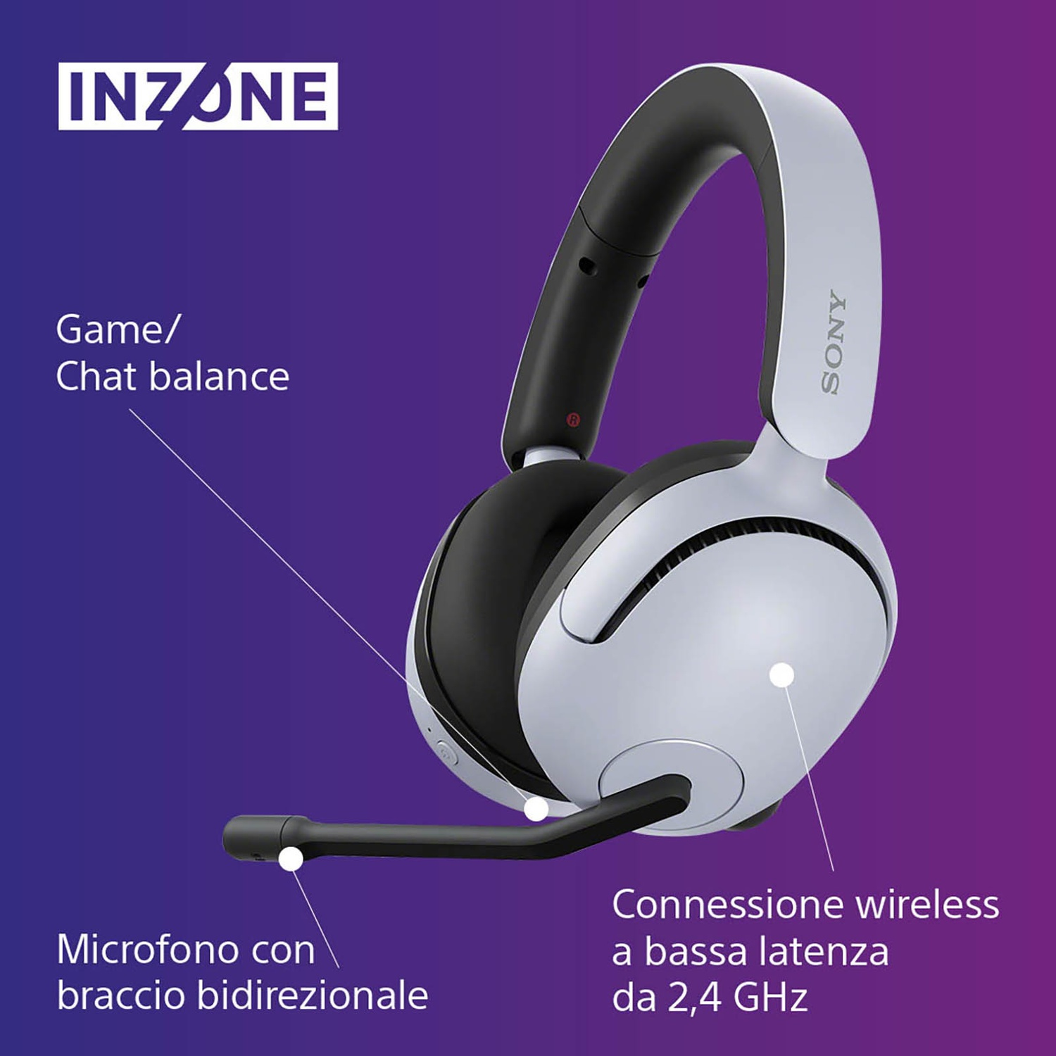 Cuffie Sony Inzone con microfono e connessione wireless 2,4 GHz.