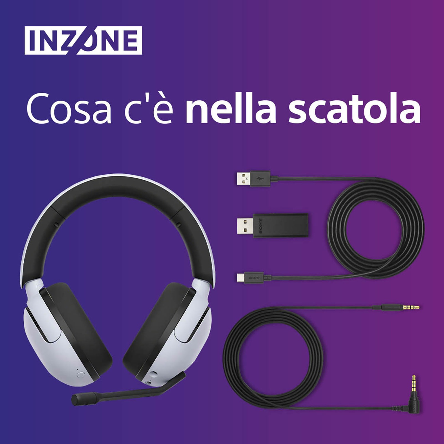 Cuffie bianche e nere con microfono, dongle USB e cavi.