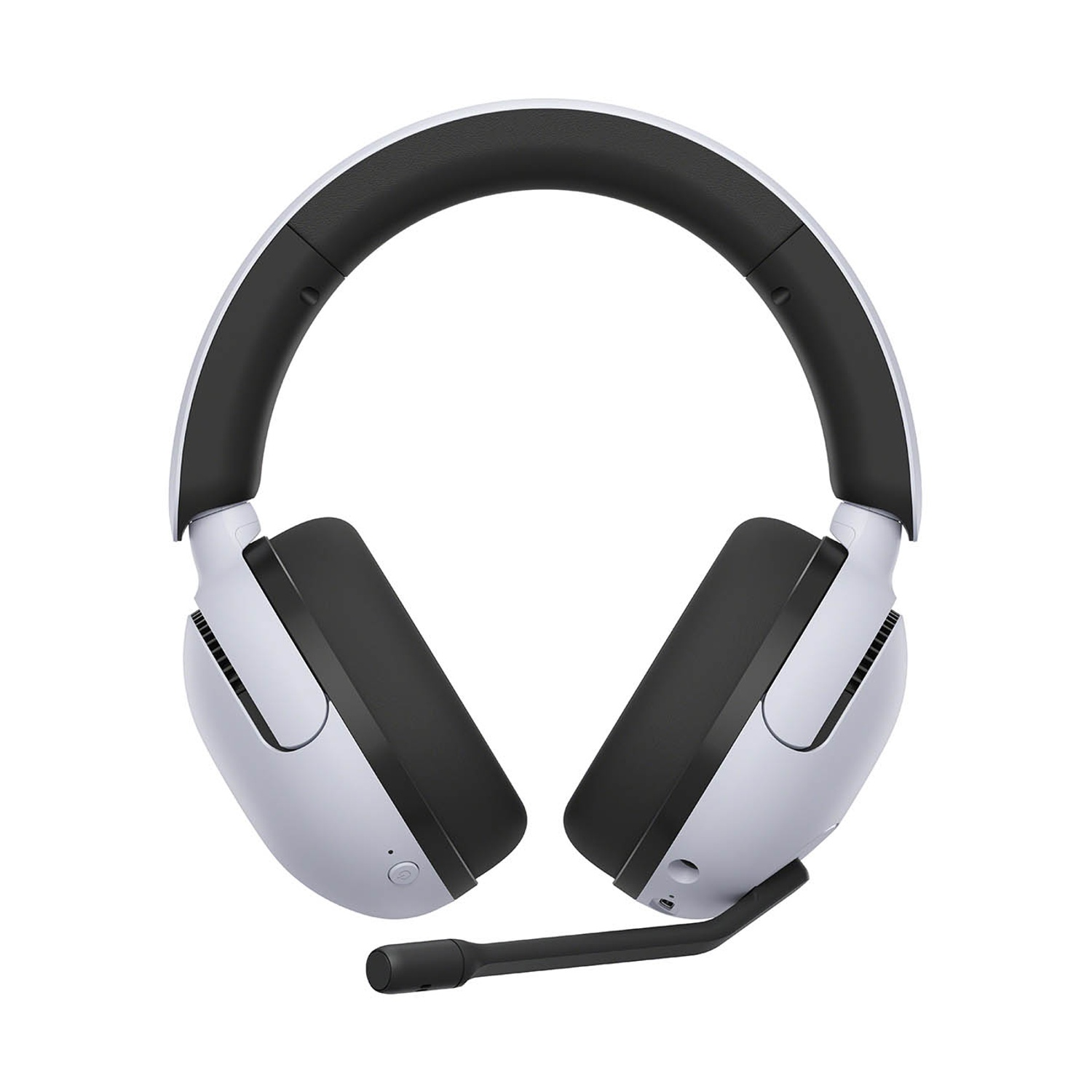 Cuffie wireless bianche e nere con microfono su sfondo bianco.