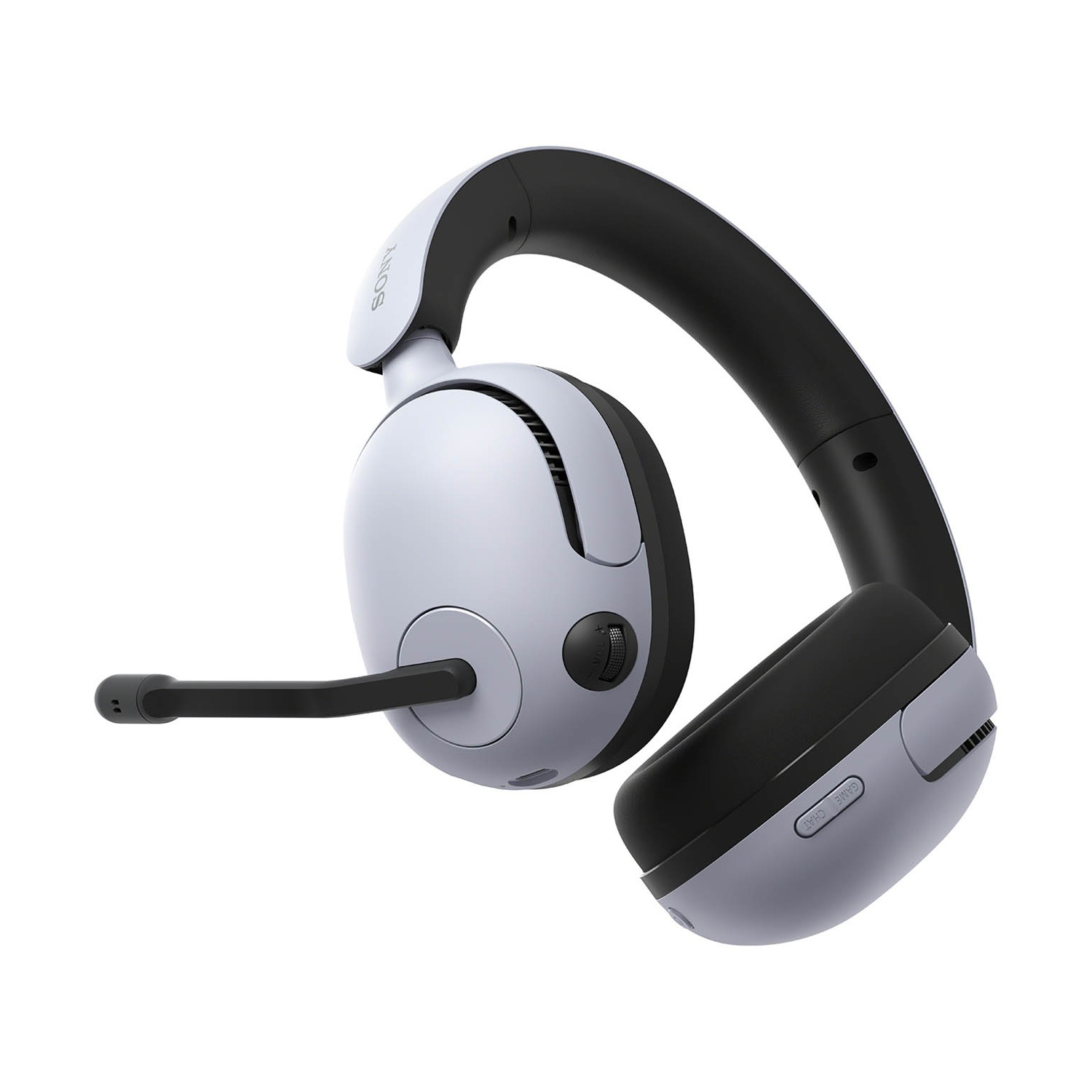 Un auricolare Sony bianco e nero con microfono è mostrato su sfondo bianco.