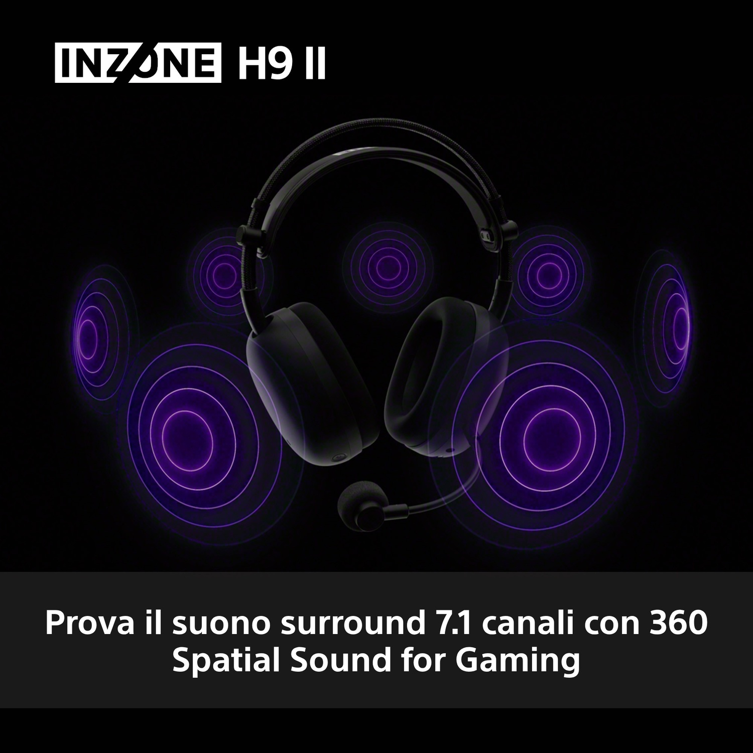 Cuffie Inzone H9 II con onde viola che indicano audio spaziale 360.