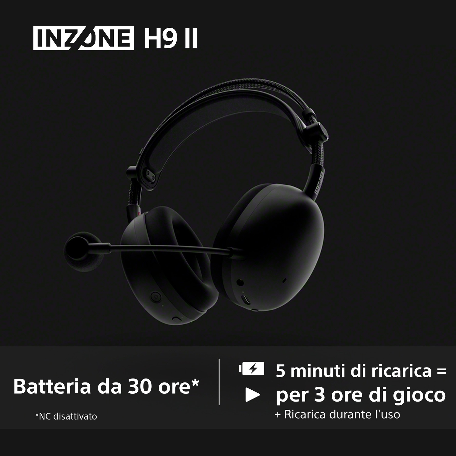 Cuffie nere con microfono, batteria 30 ore, 5 min carica per 3 ore gioco.