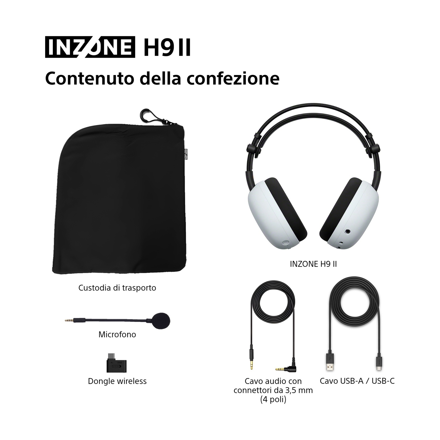 Contenuto della confezione: cuffie bianche, custodia nera, microfono, dongle, cavo audio, cavo USB.