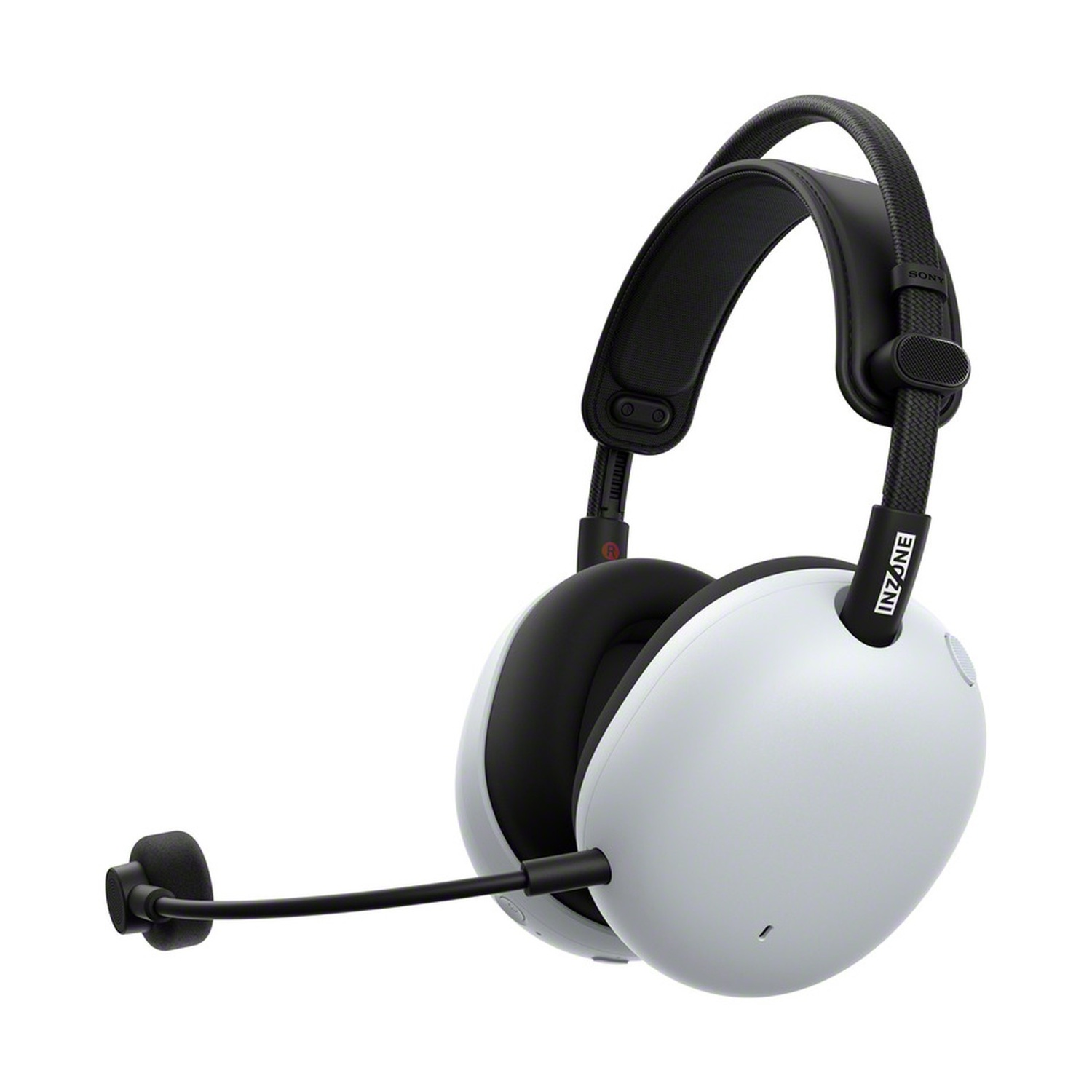 Cuffie bianche da gaming con archetto e microfono neri. Logo 'INZONE' visibile.