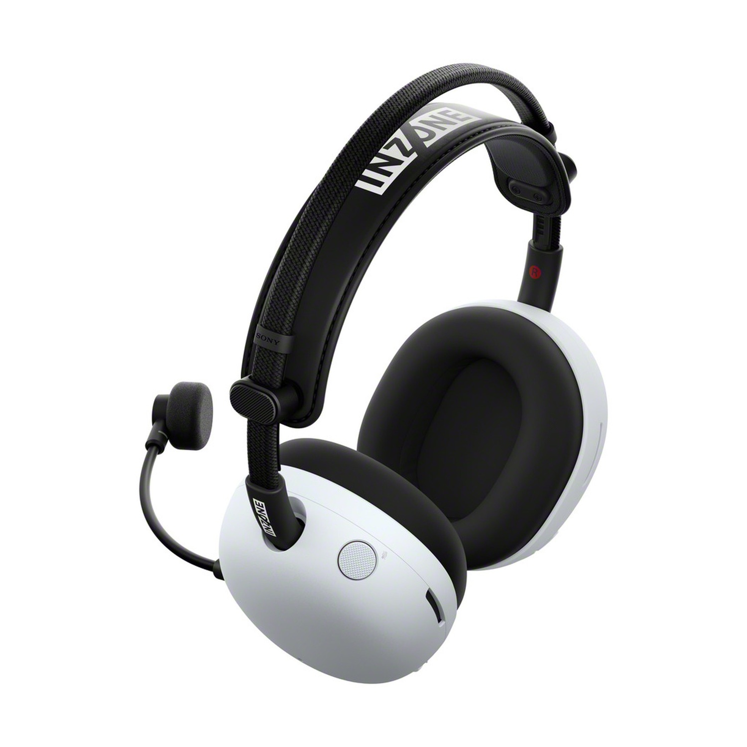Cuffie bianche e nere over-ear con microfono e fascia.