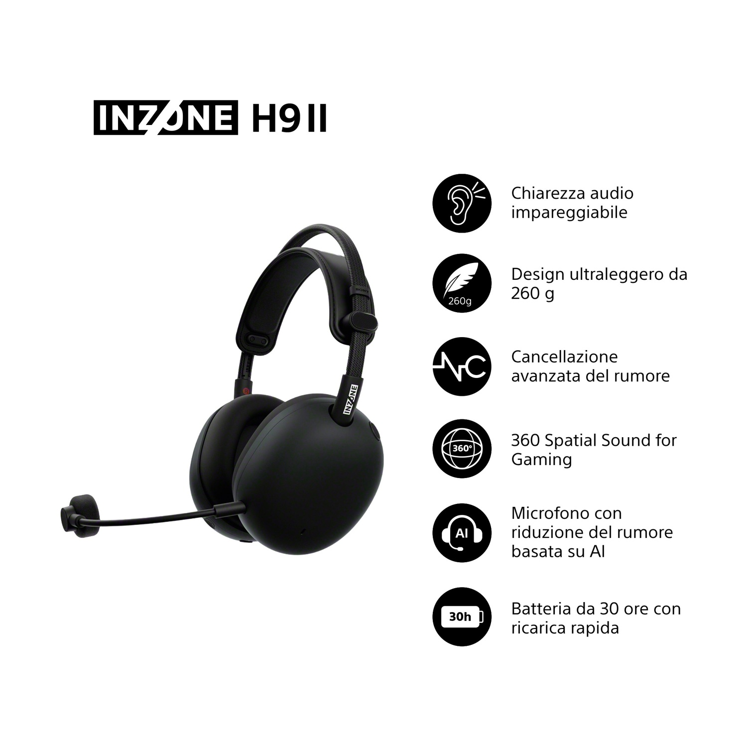 Cuffie over-ear nere con microfono e caratteristiche prodotto.