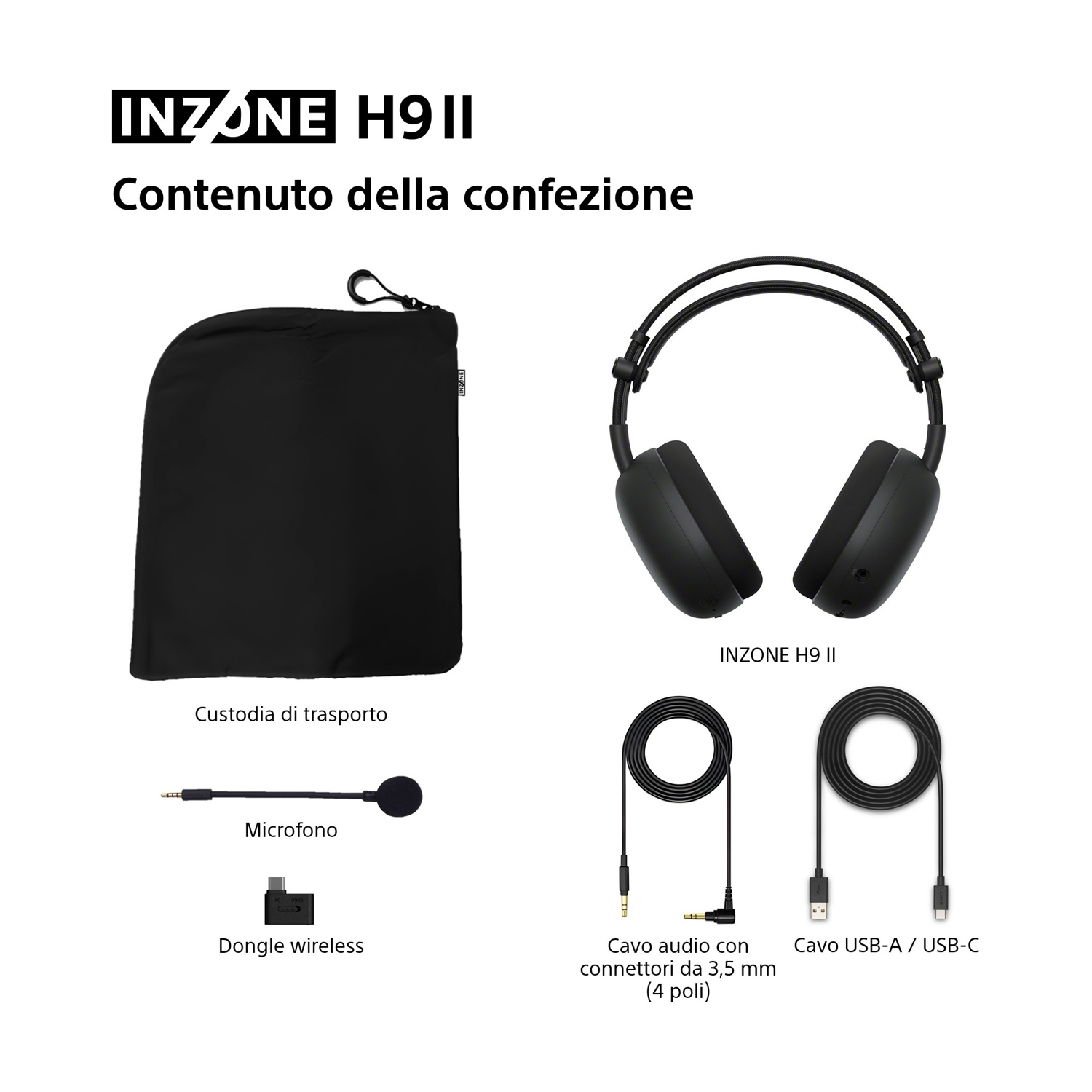 Contenuto della confezione: Cuffie, custodia, microfono, dongle, cavo audio, cavo USB.