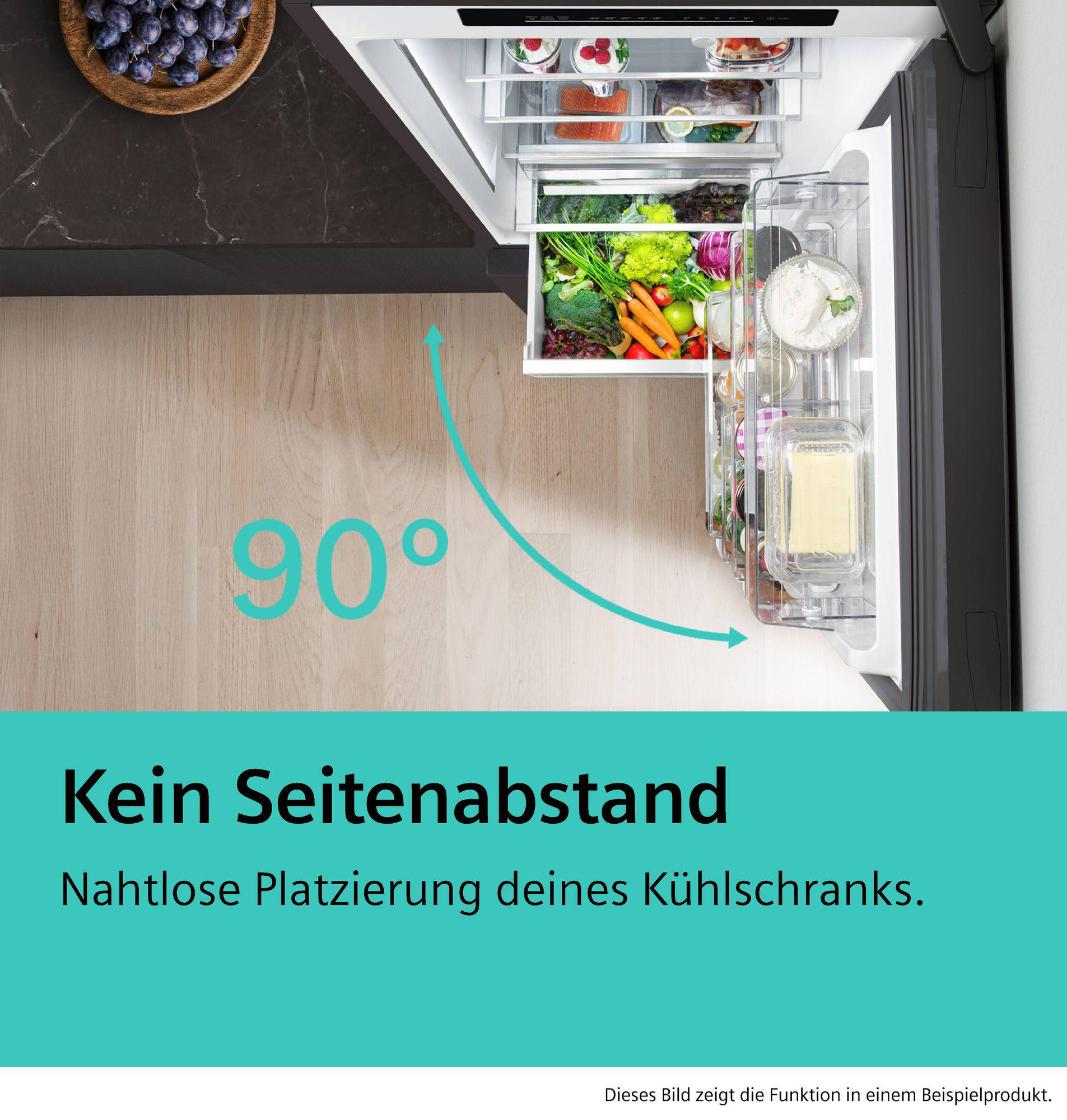 Offener Kühlschrank mit Gemüse und Obst, 90 Grad Pfeil, Text: Kein Seitenabstand