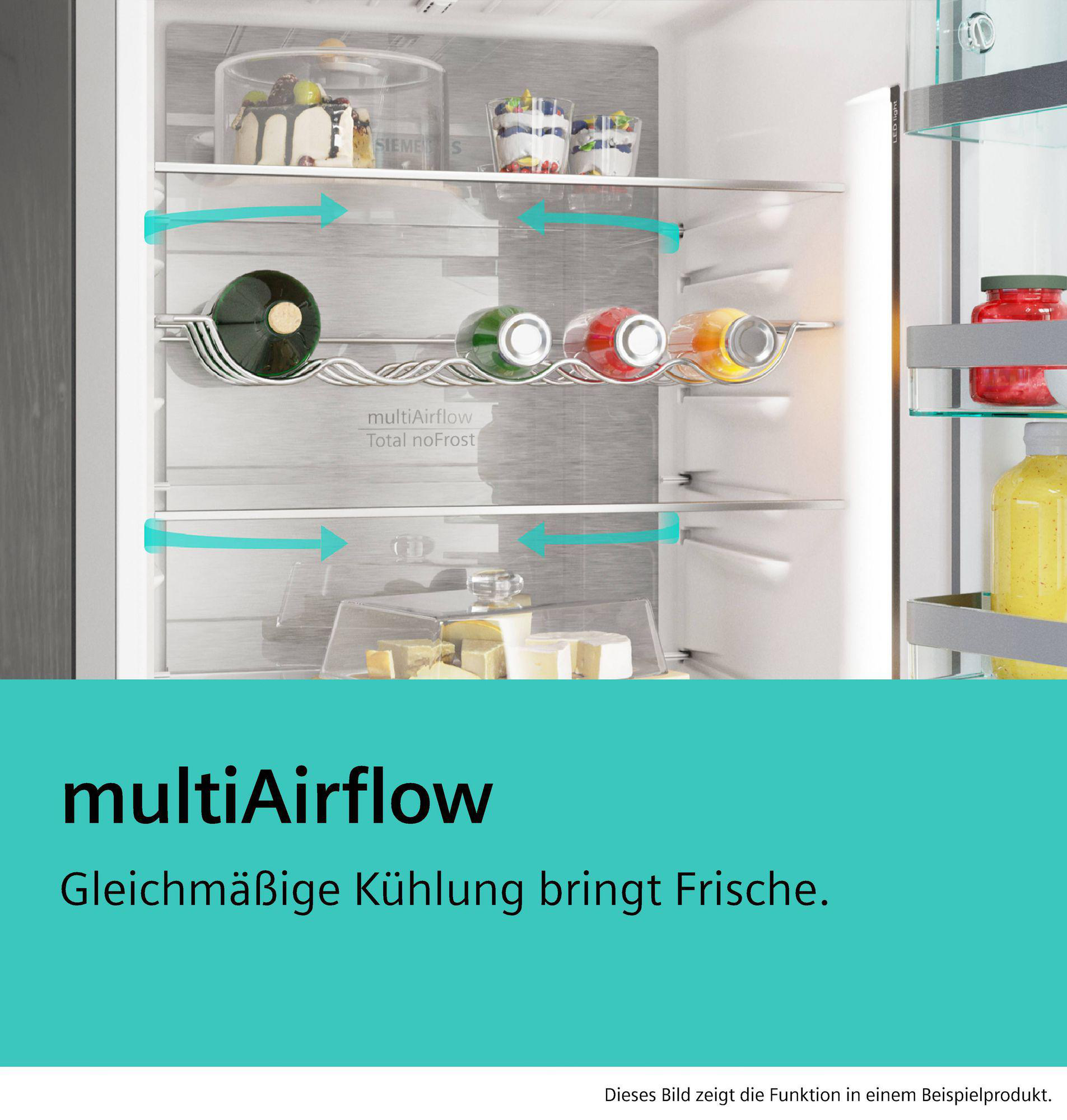 Ein offener Kühlschrank mit Lebensmitteln und Luftstrompfeilen.