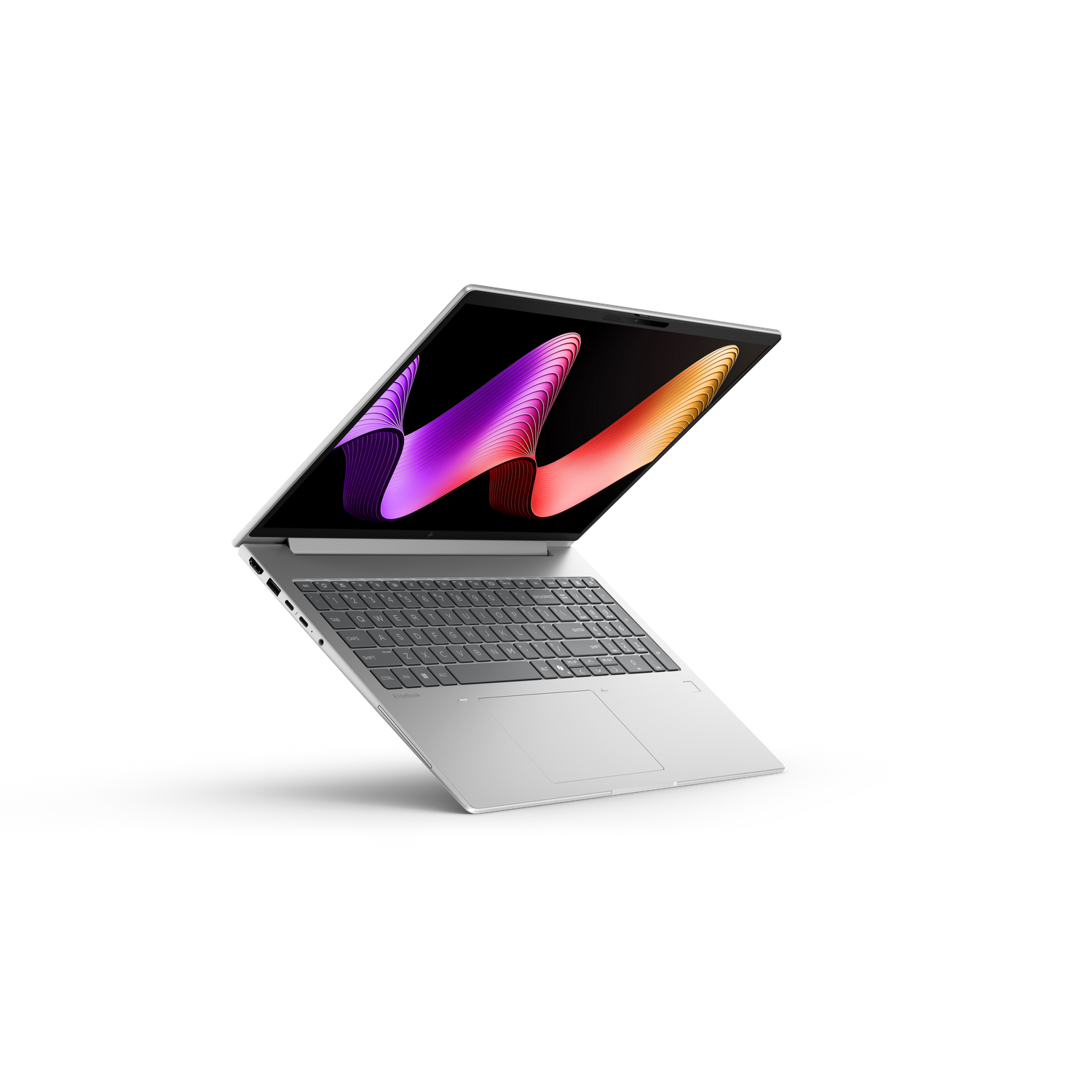 Een zilveren laptop met een kleurrijke, abstracte achtergrond op het scherm.