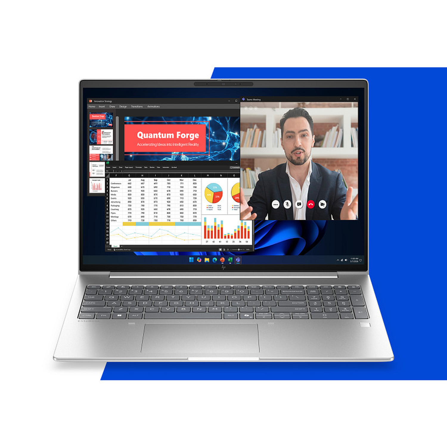 Een laptop toont een videogesprek met een man, spreadsheets en grafieken.