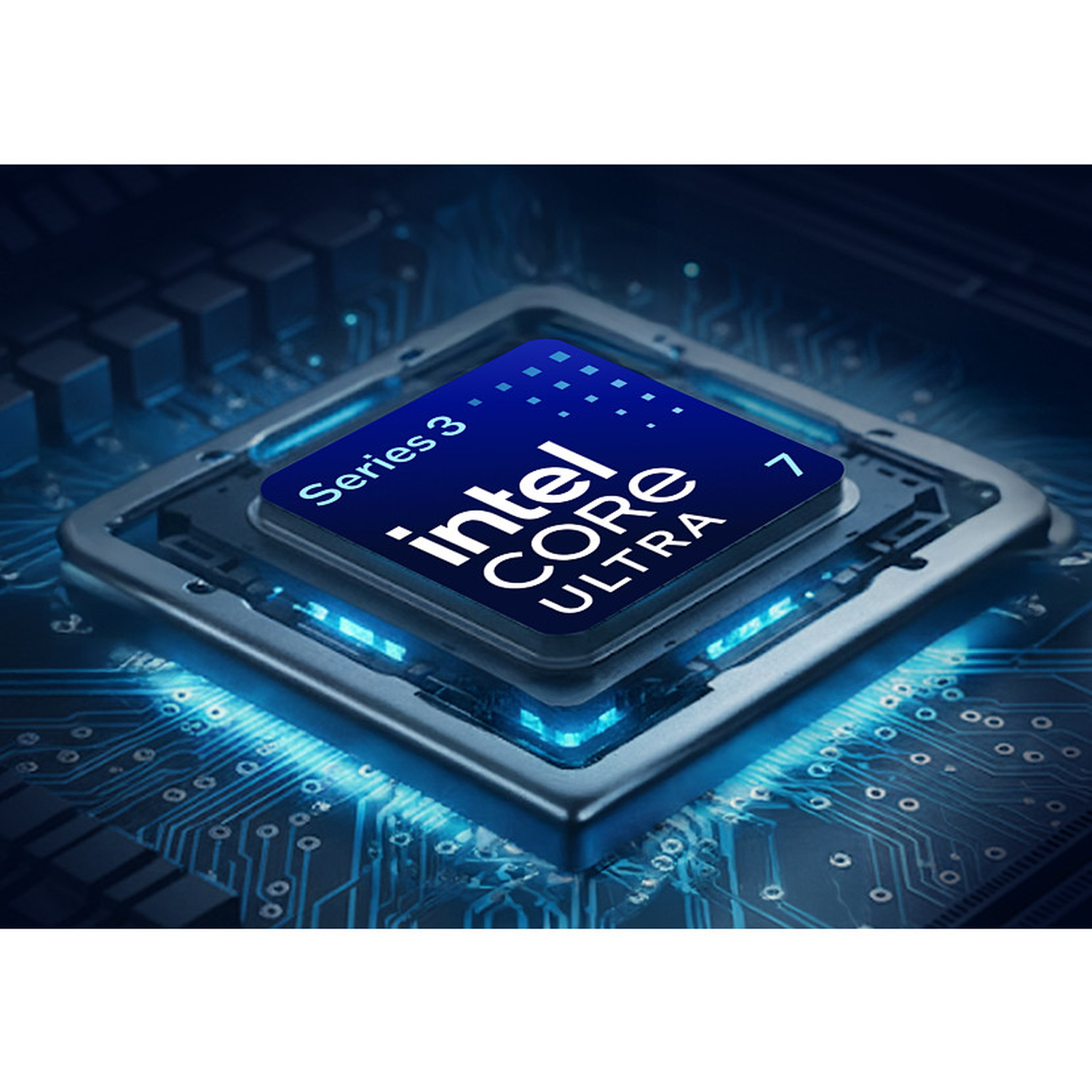 Intel Core Ultra 7 processor op een blauw verlicht moederbord met zichtbare printplaten.