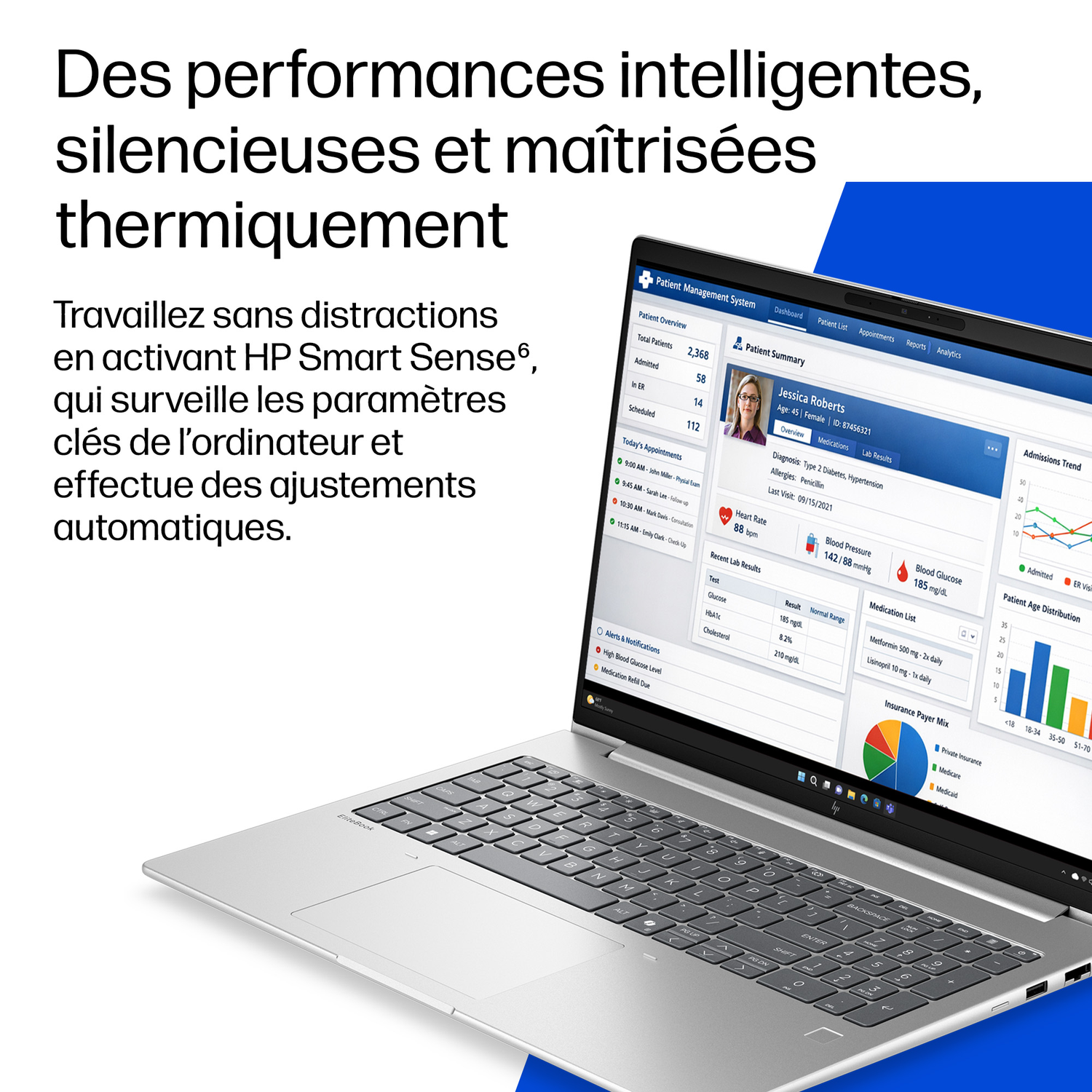 Un ordinateur portable affiche un système de gestion des patients, avec des graphiques à droite.