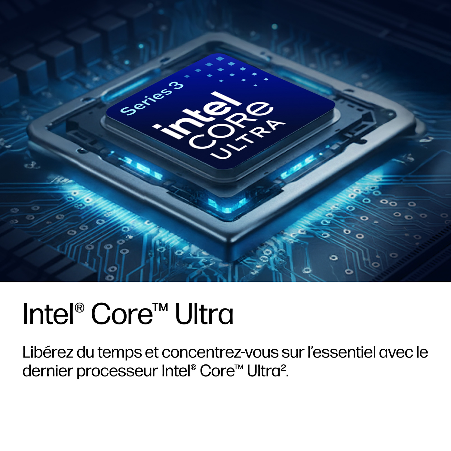 Processeur Intel Core Ultra sur une carte de circuit avec des lumières bleues.