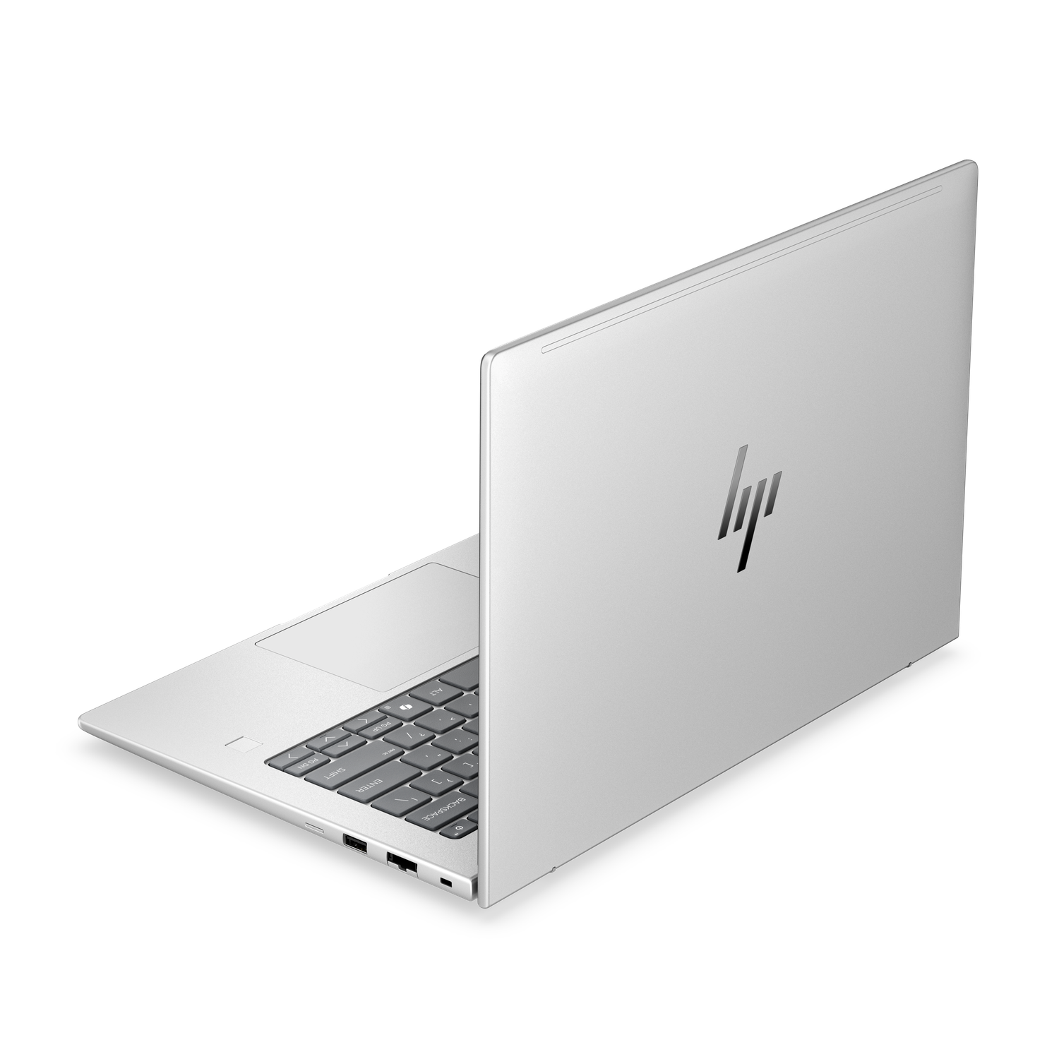 Een zilveren laptop met HP-logo, op een witte achtergrond.