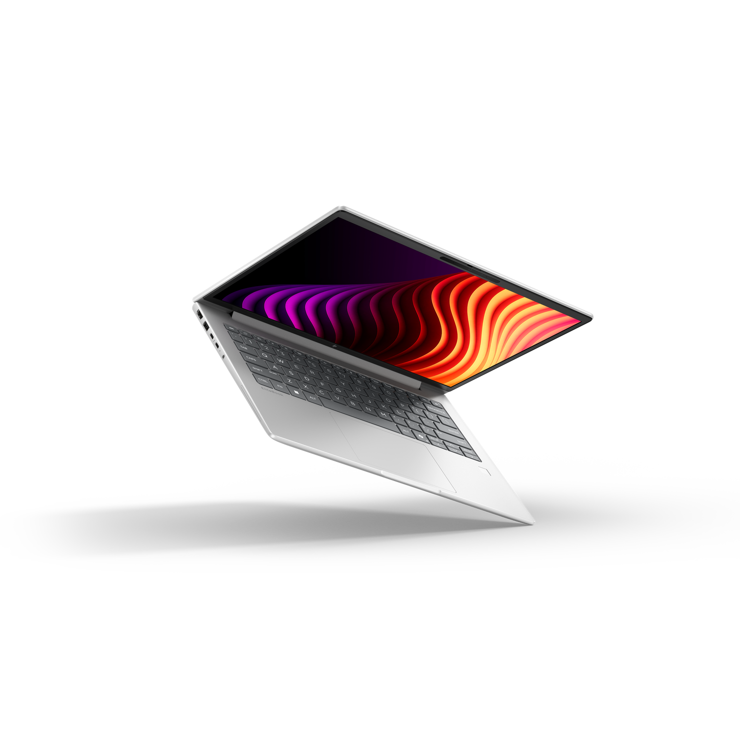 Een geopende laptop toont een kleurrijk, abstract behang op het scherm.