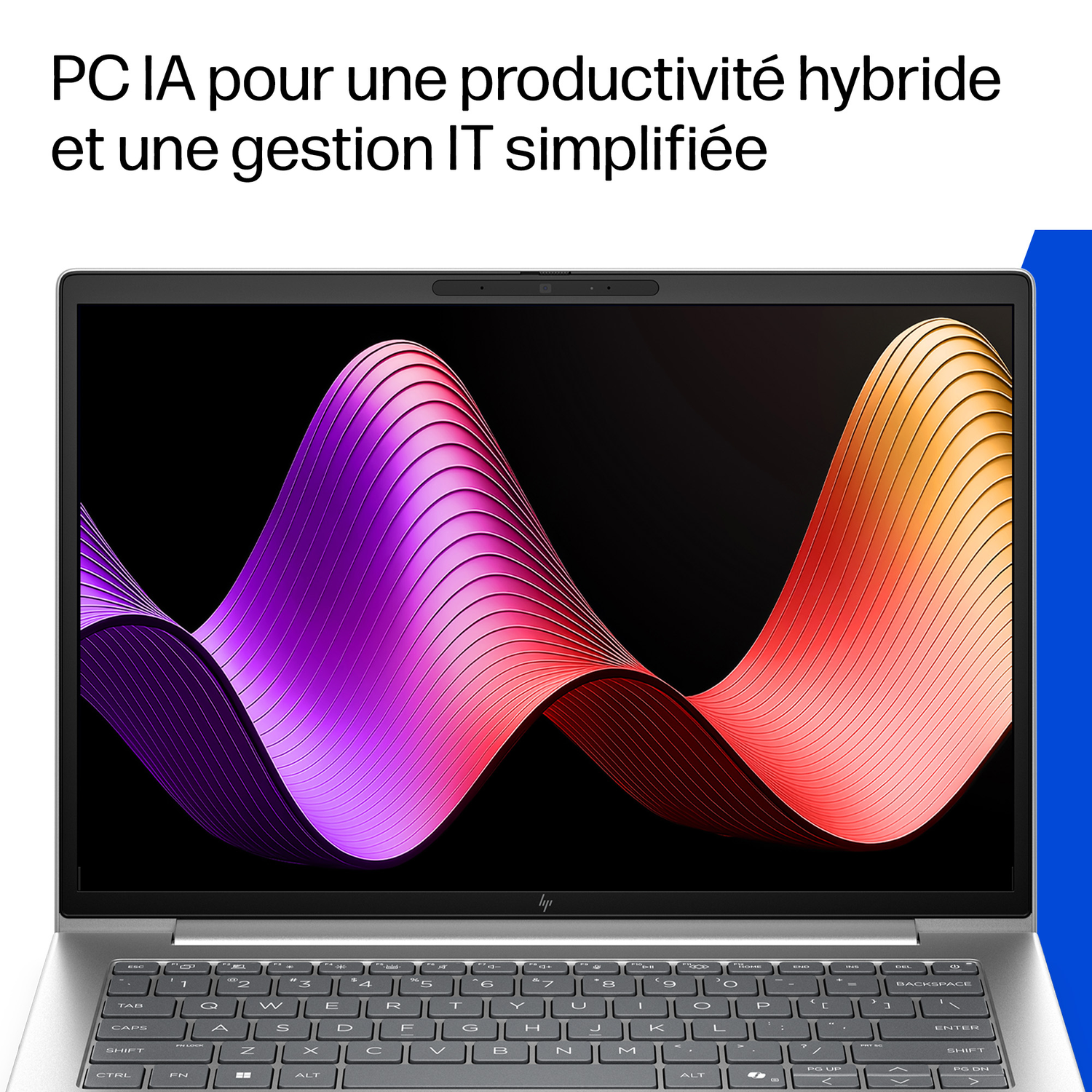 Un ordinateur portable affichant un motif ondulé coloré sur son écran, avec clavier.