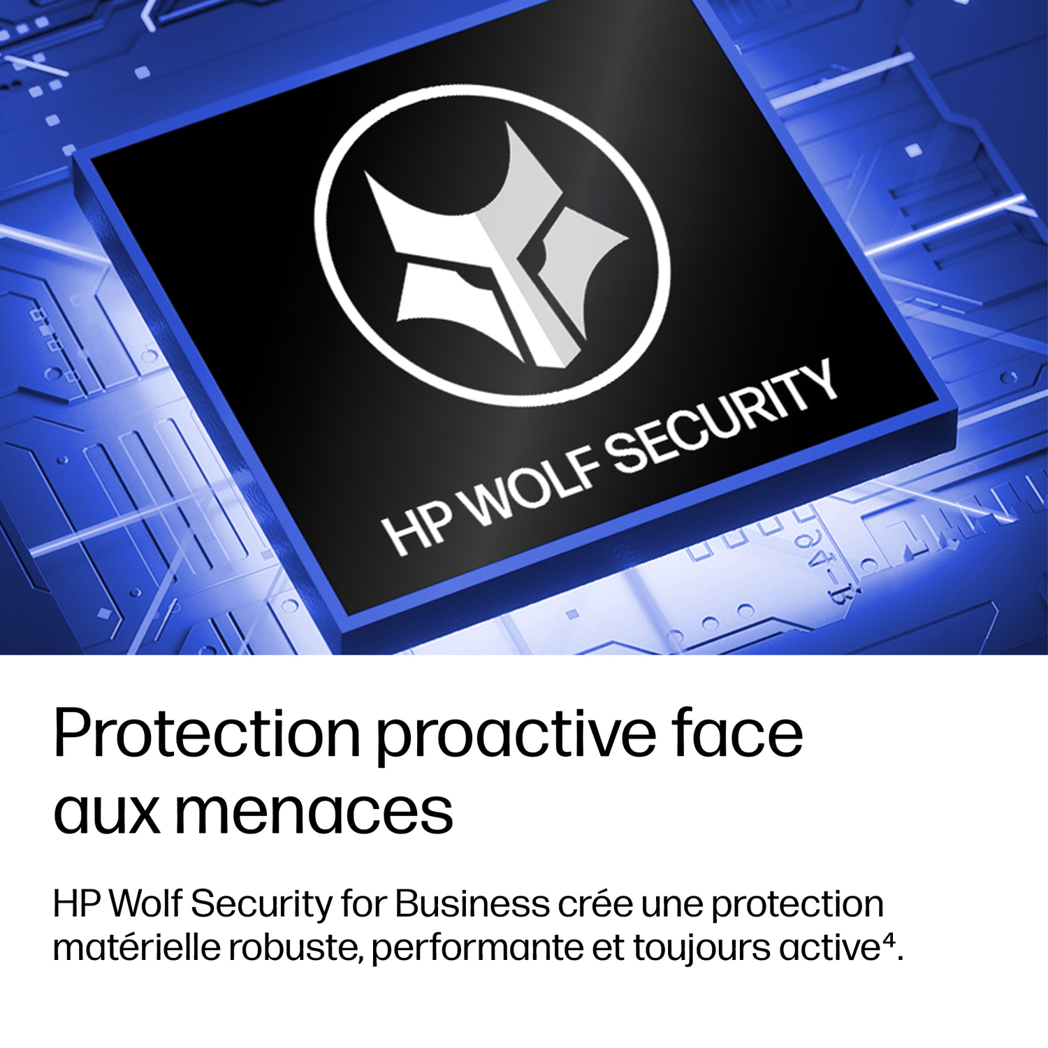 Puce bleue avec logo "HP WOLF SECURITY" sur circuit imprimé.
