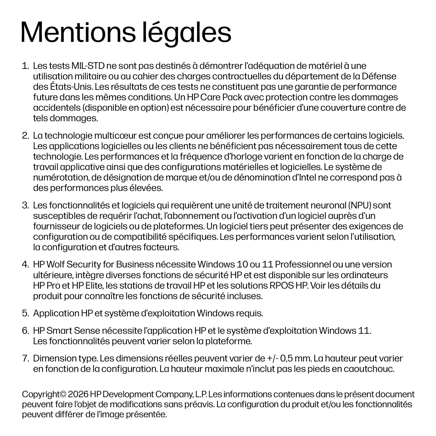Mentions légales avec sections numérotées sur les tests produits, logiciels et sécurité.