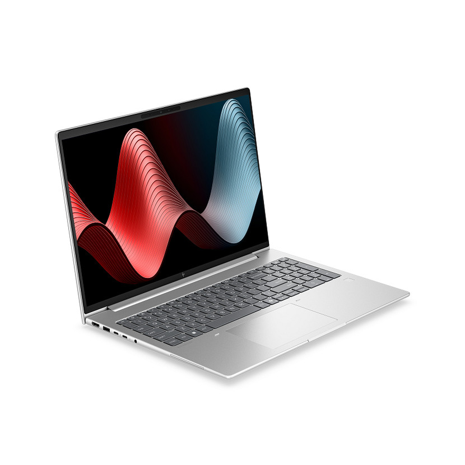 Een zilveren laptop met een abstract rood en blauw patroon op het scherm.