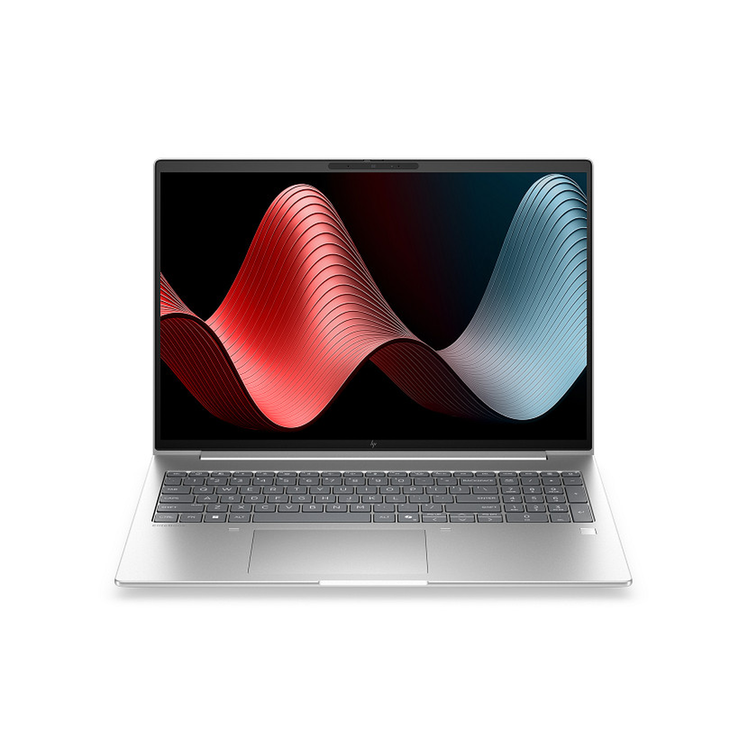 Een zilveren laptop met een dynamisch rood en blauw golfpatroon op het scherm.