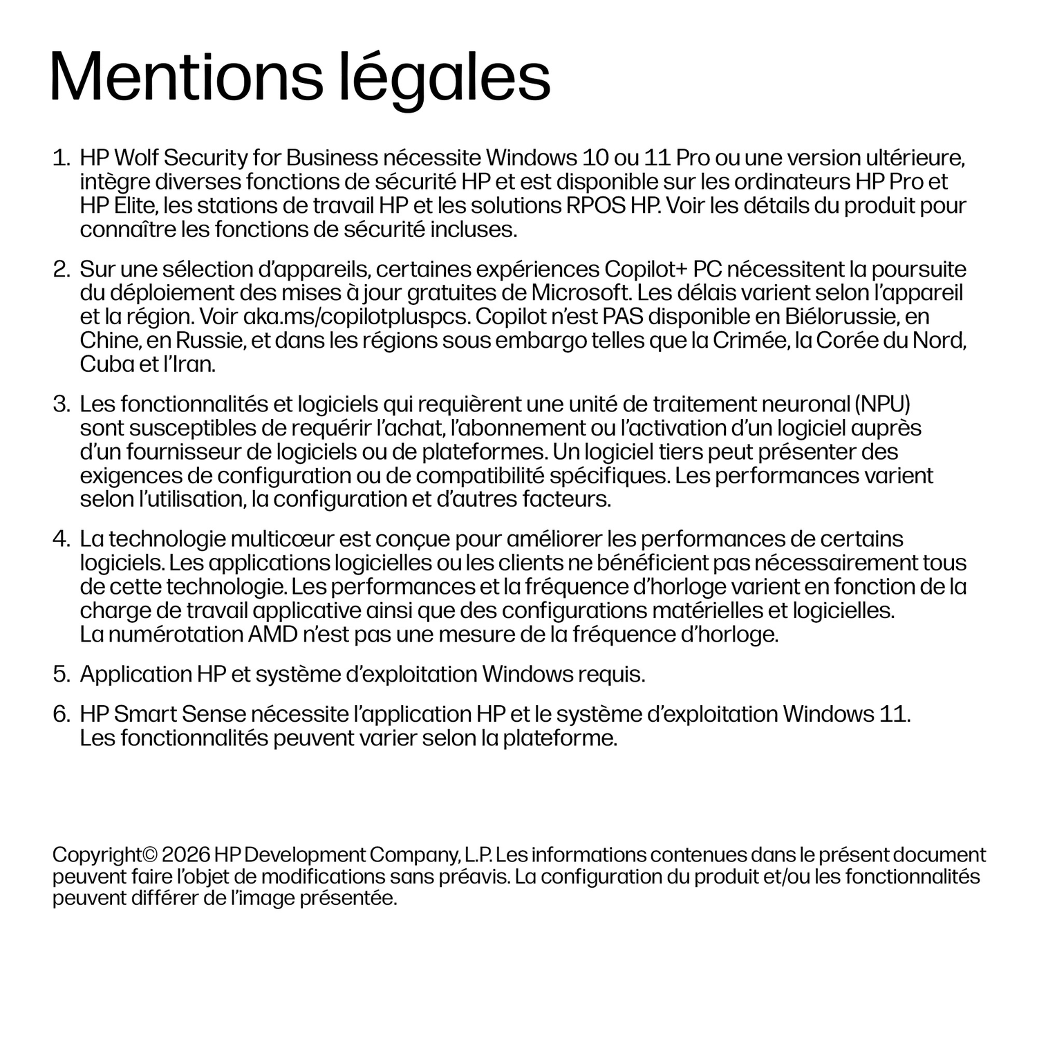 Mentions légales. Le texte liste les fonctions de sécurité HP, les exigences Copilot, NPU, la technologie multicœur et les exigences système.