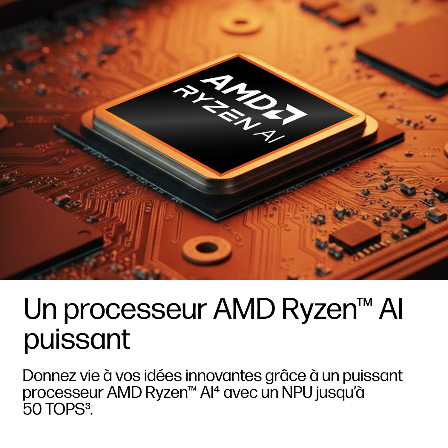 Gros plan d'un processeur AMD Ryzen AI sur une carte de circuit imprimé.
