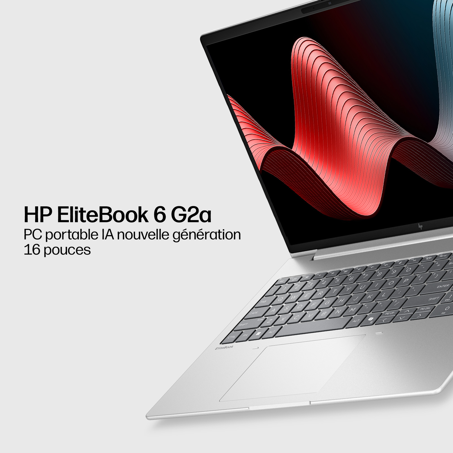 Un ordinateur portable HP EliteBook argenté avec fond abstrait. Clavier et pavé tactile visibles.