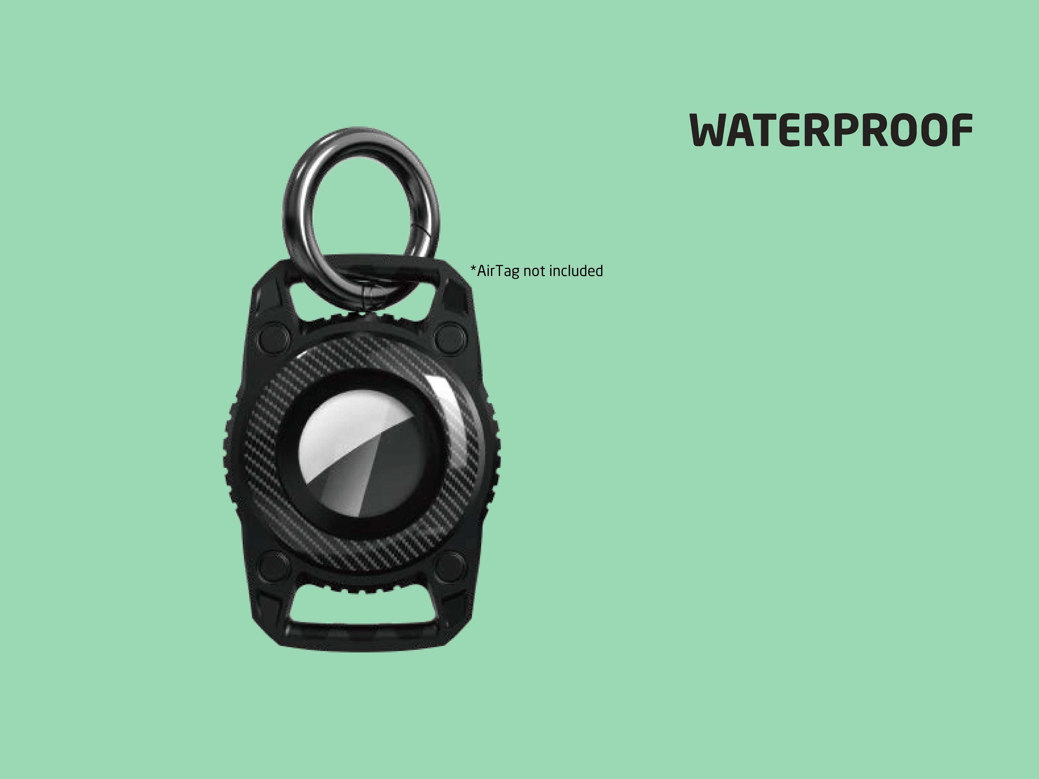Funda negra impermeable para AirTag con anillo plateado.