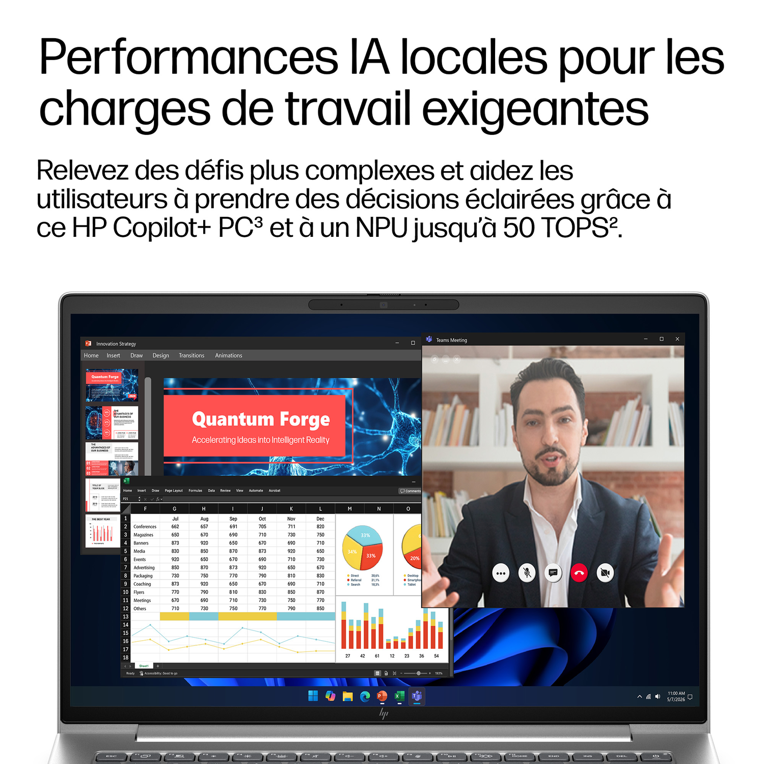Un ordinateur portable affiche une réunion Teams avec un homme et des graphiques.