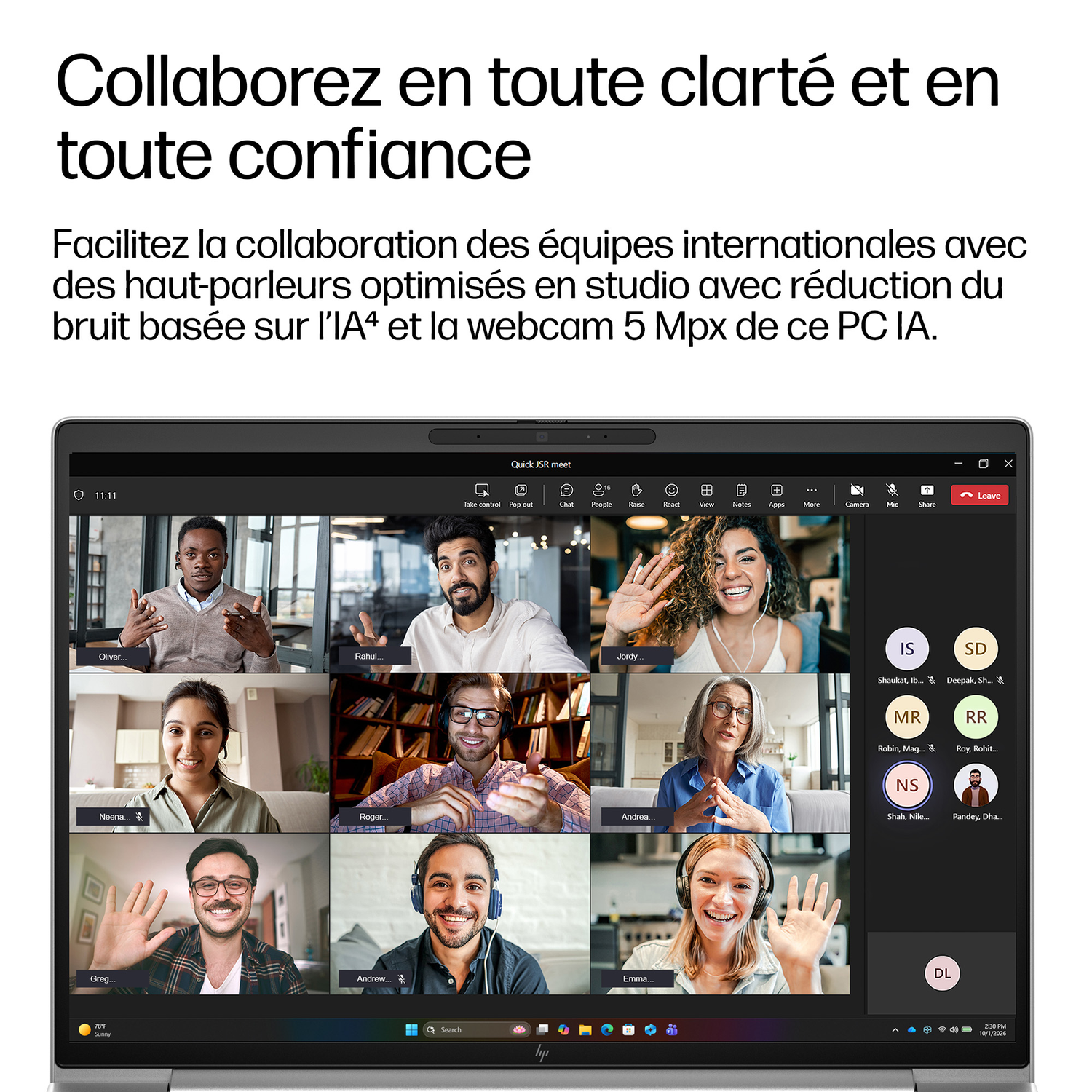 Un ordinateur portable affiche une visioconférence avec neuf participants dans des fenêtres.